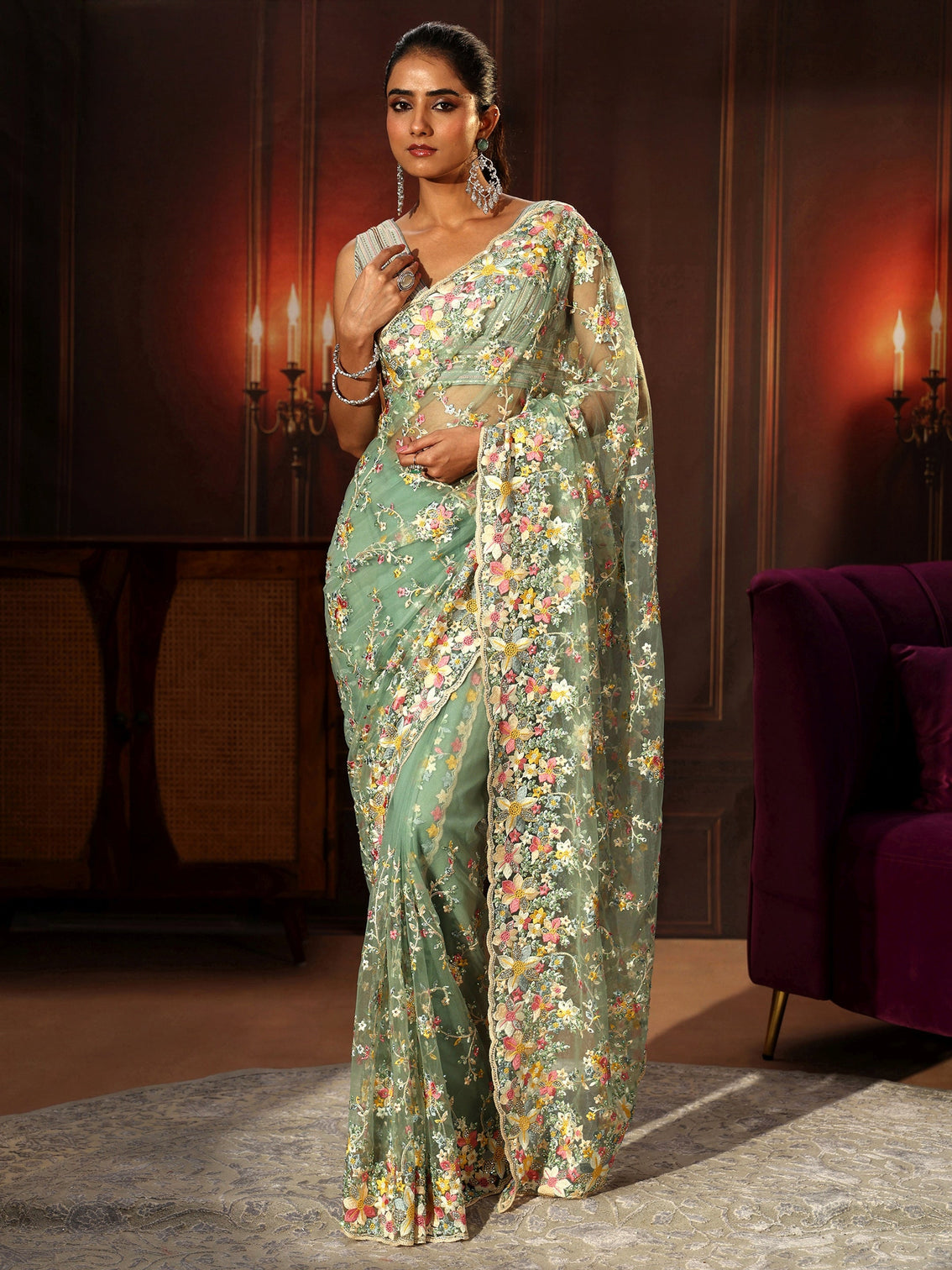 Mameraa Art Sea Green Floral Embroidered Net Saree