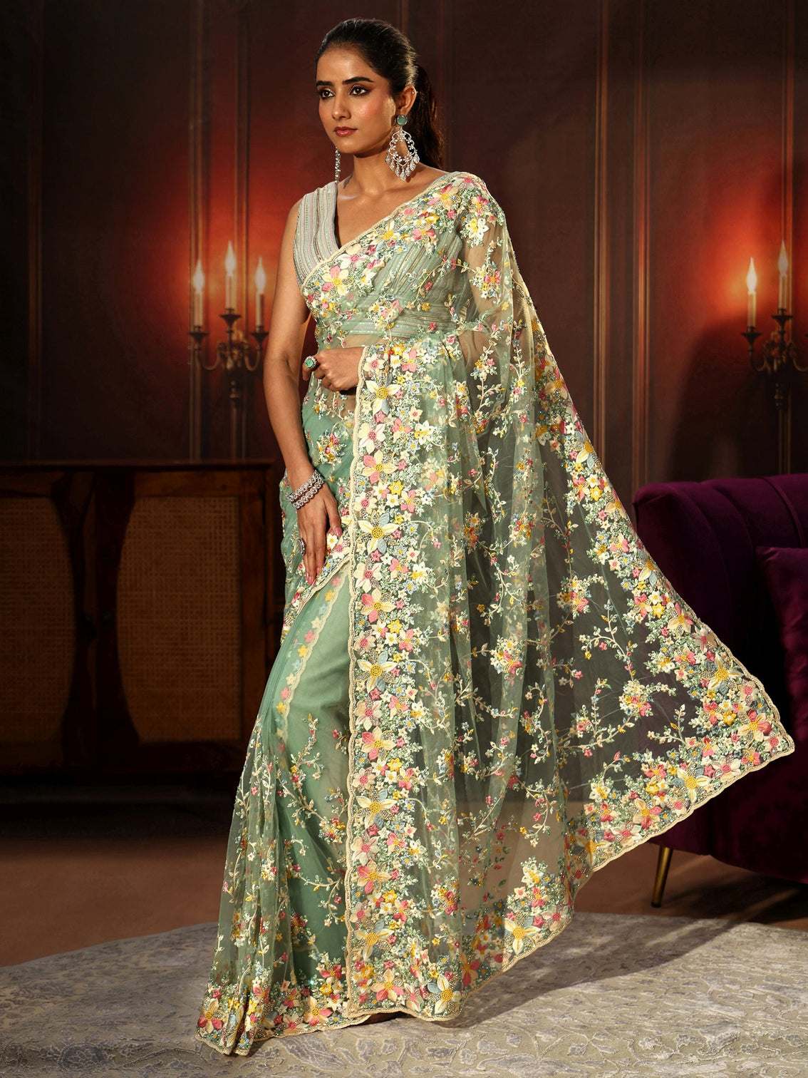 Mameraa Art Sea Green Floral Embroidered Net Saree