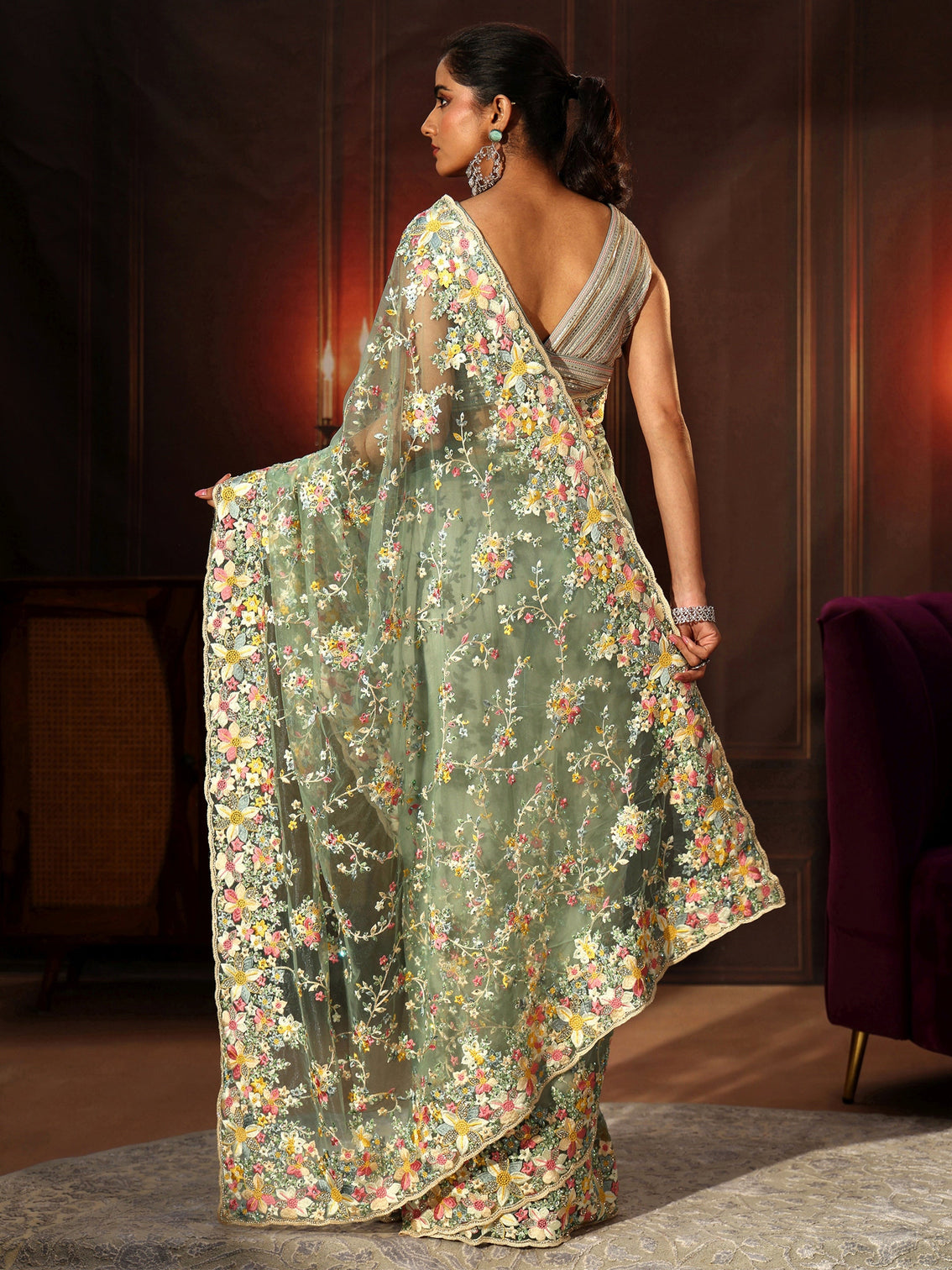 Mameraa Art Sea Green Floral Embroidered Net Saree