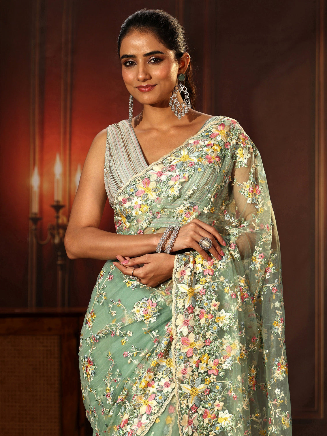 Mameraa Art Sea Green Floral Embroidered Net Saree