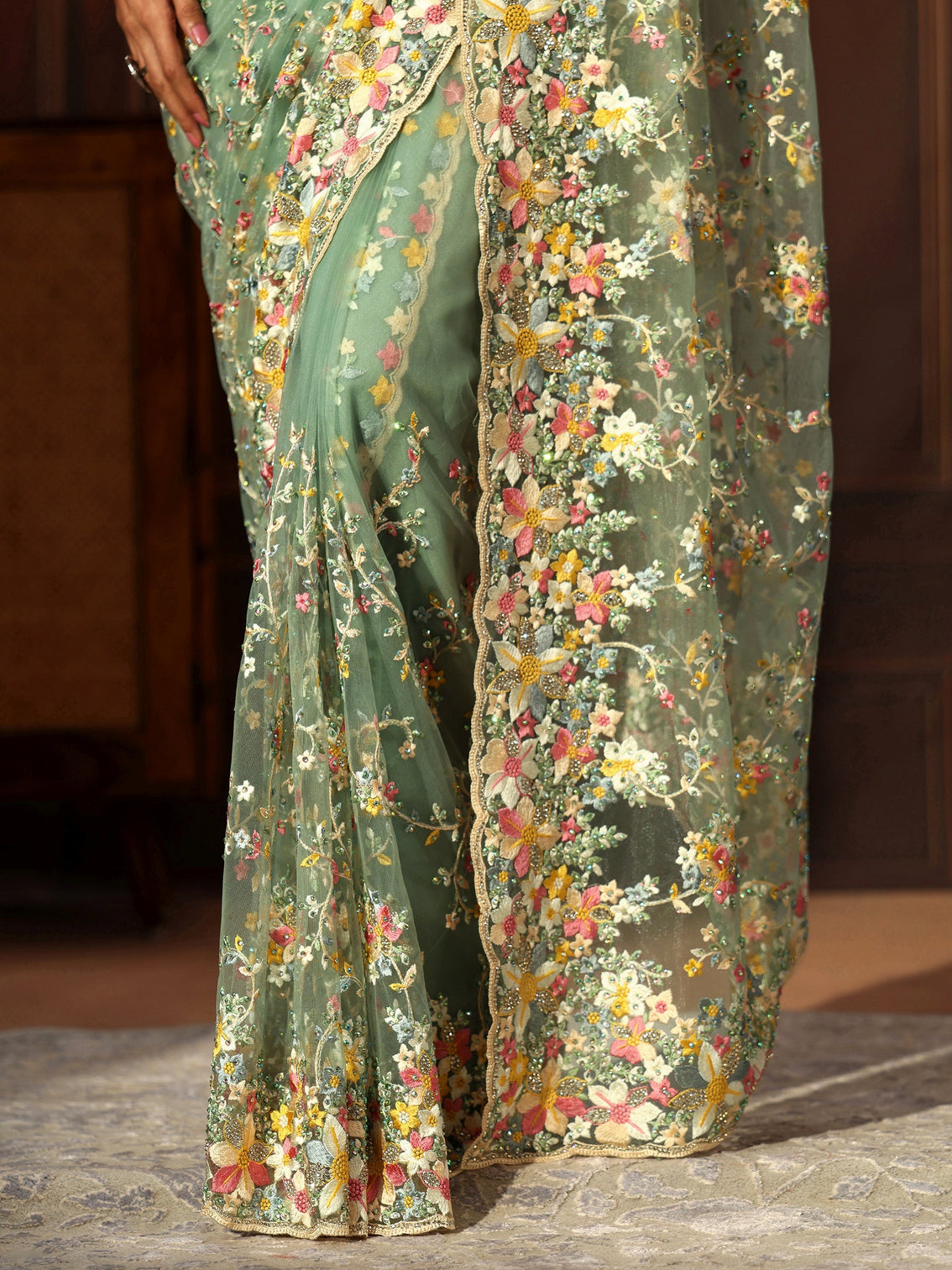 Mameraa Art Sea Green Floral Embroidered Net Saree