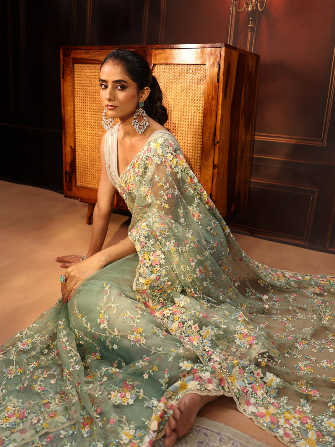 Mameraa Art Sea Green Floral Embroidered Net Saree