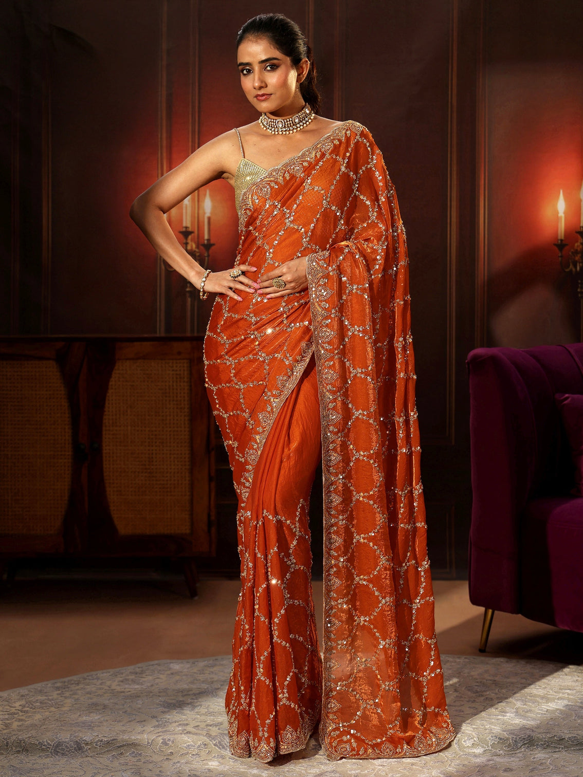 Mameraa Art Orange Embellished Tissue Saree