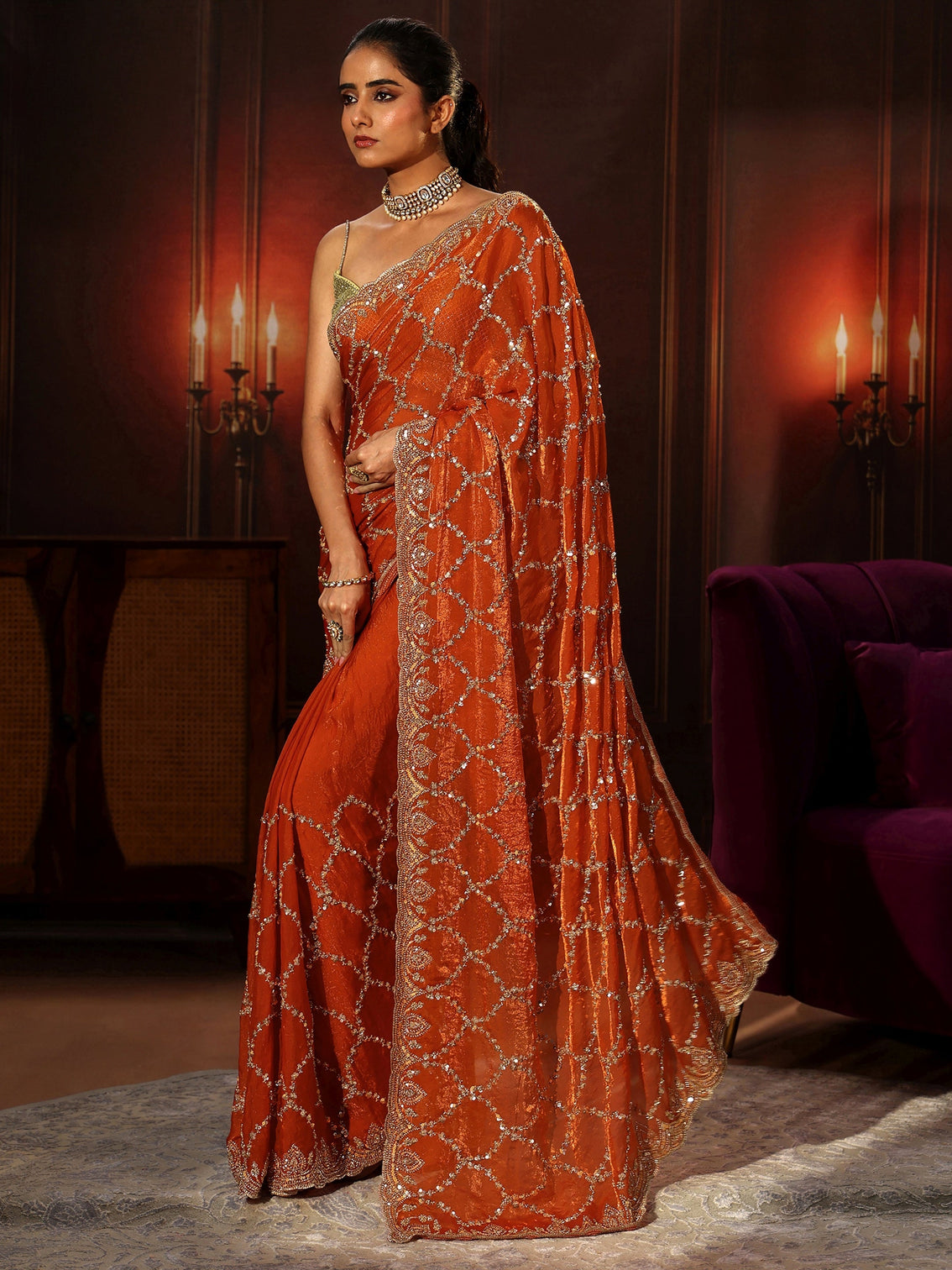 Mameraa Art Orange Embellished Tissue Saree