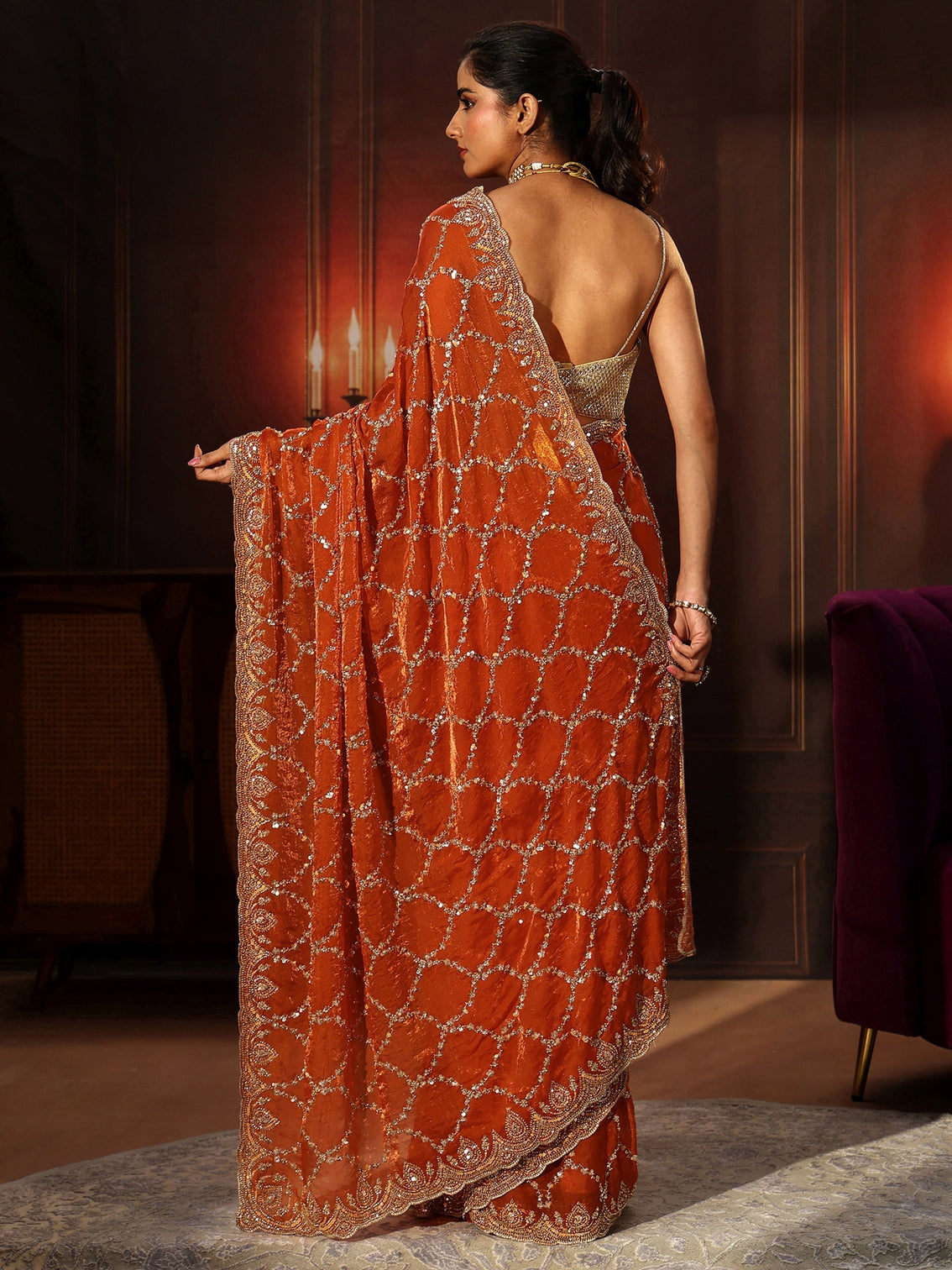 Mameraa Art Orange Embellished Tissue Saree