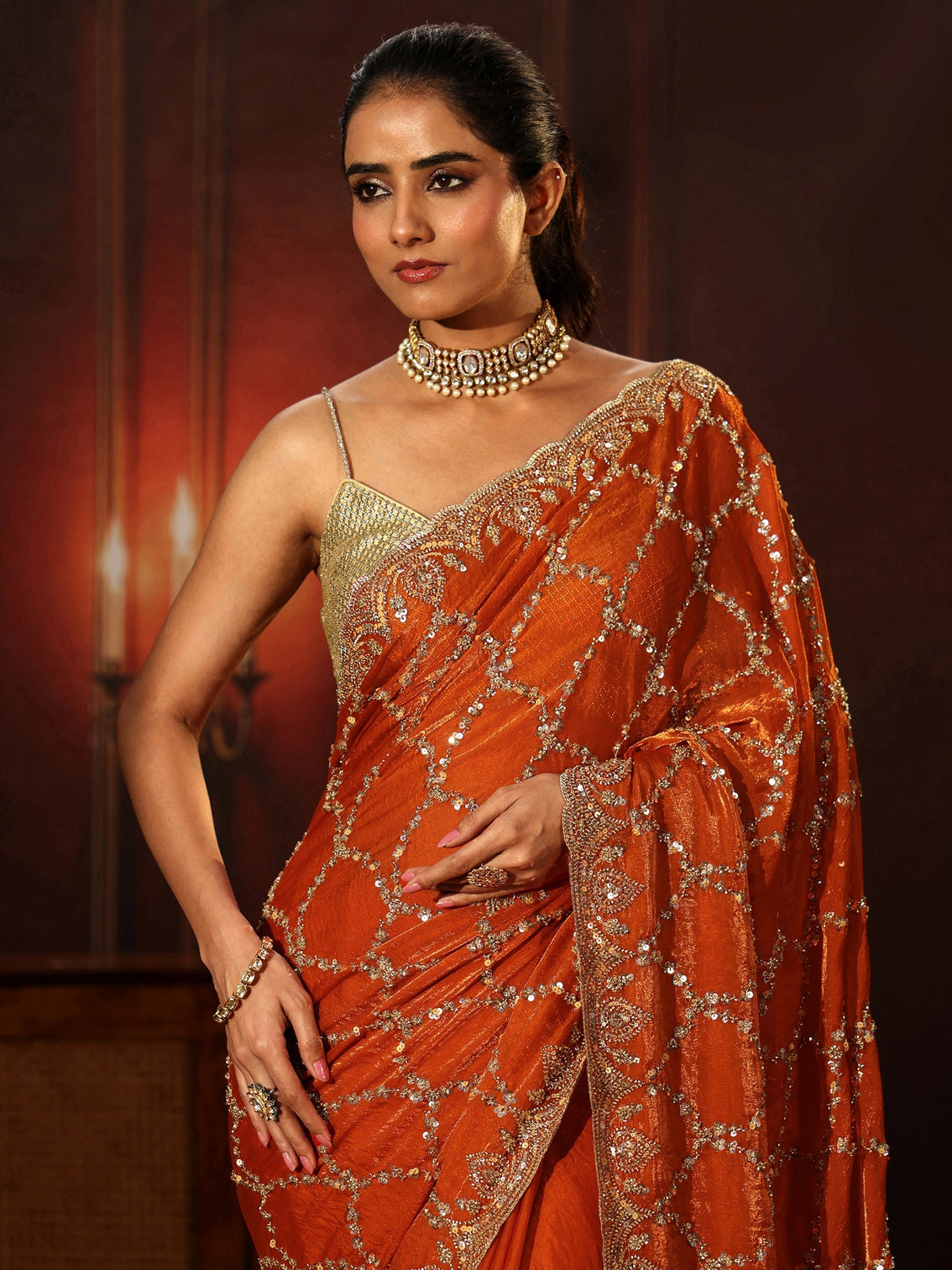 Mameraa Art Orange Embellished Tissue Saree
