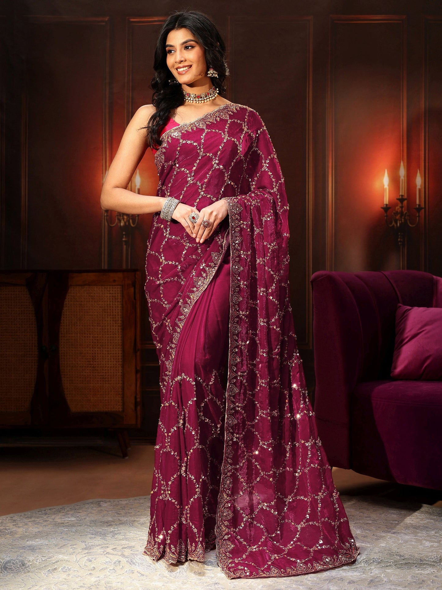 Libas Art Plum Purple Embellished Tissue Saree