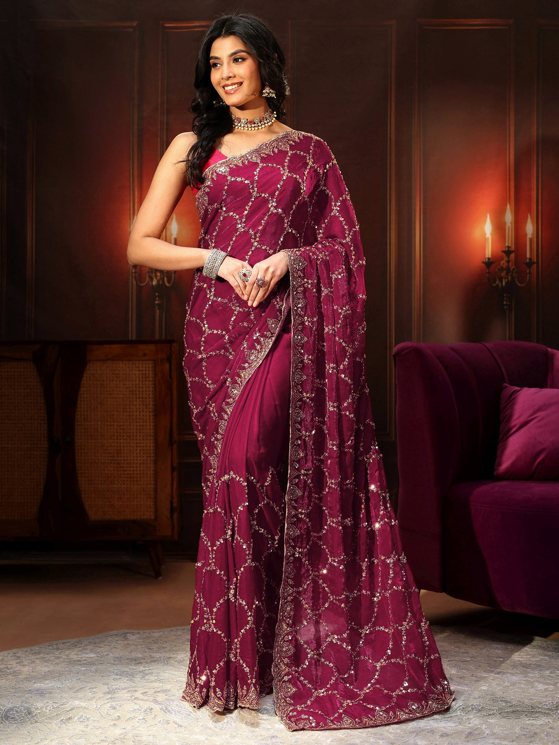 Mameraa Art Plum Purple Embellished Tissue Saree