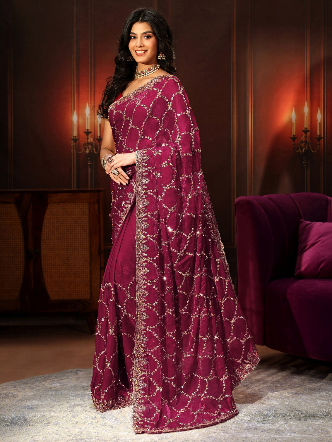 Mameraa Art Plum Purple Embellished Tissue Saree
