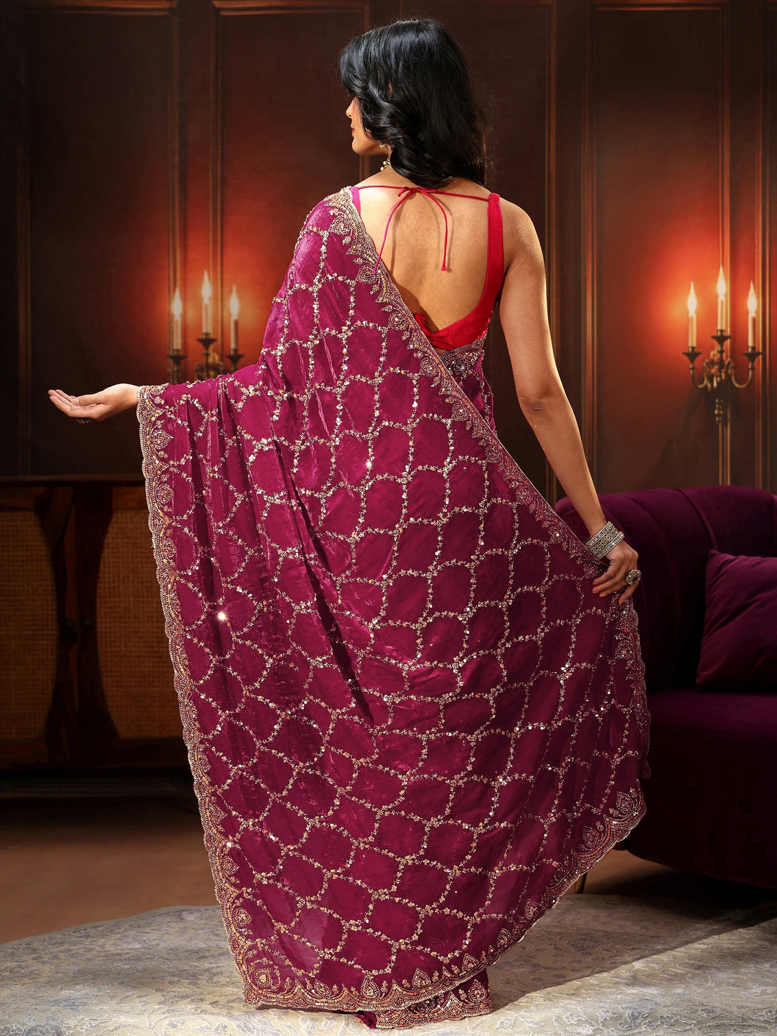 Mameraa Art Plum Purple Embellished Tissue Saree