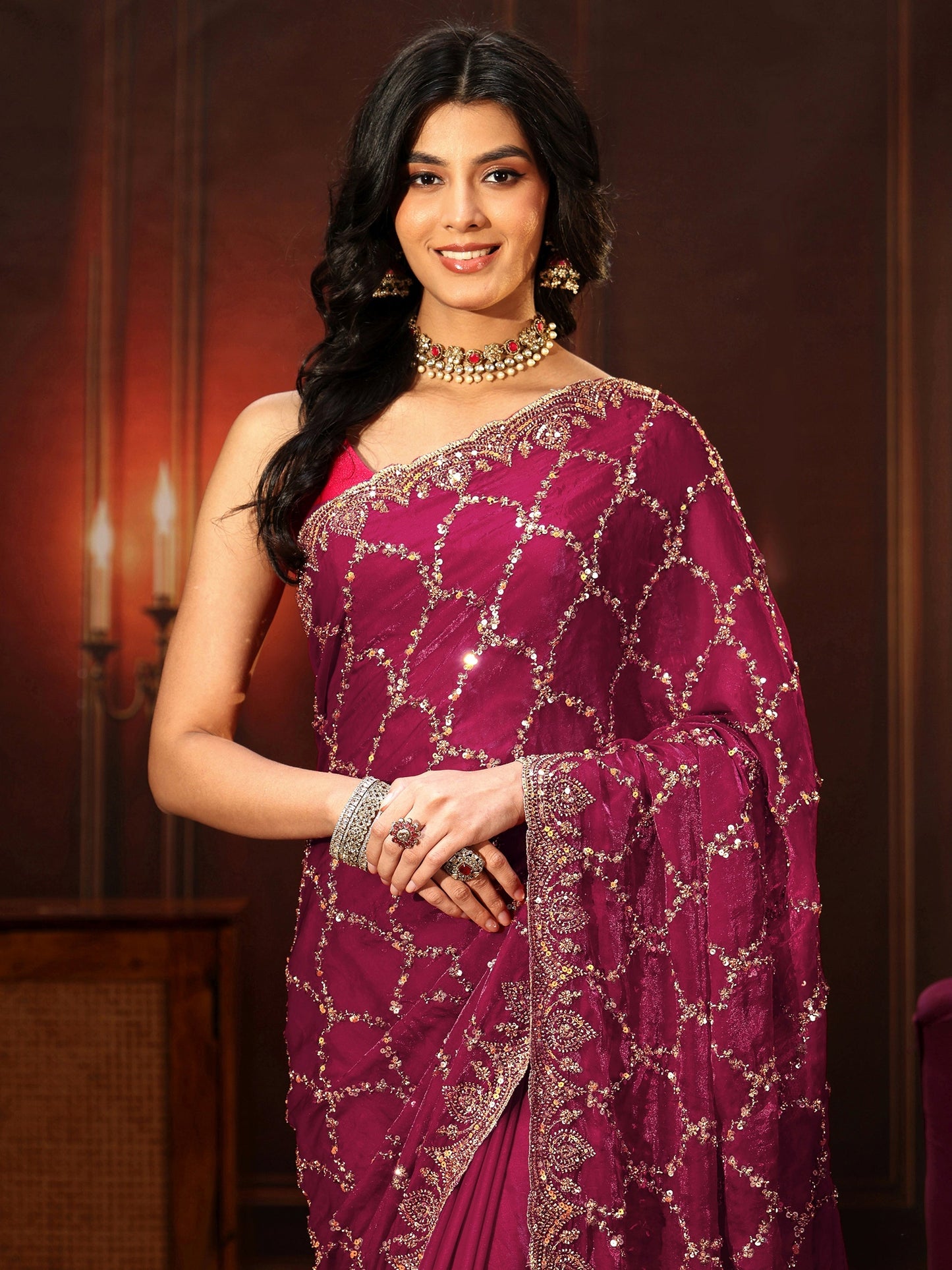 Libas Art Plum Purple Embellished Tissue Saree