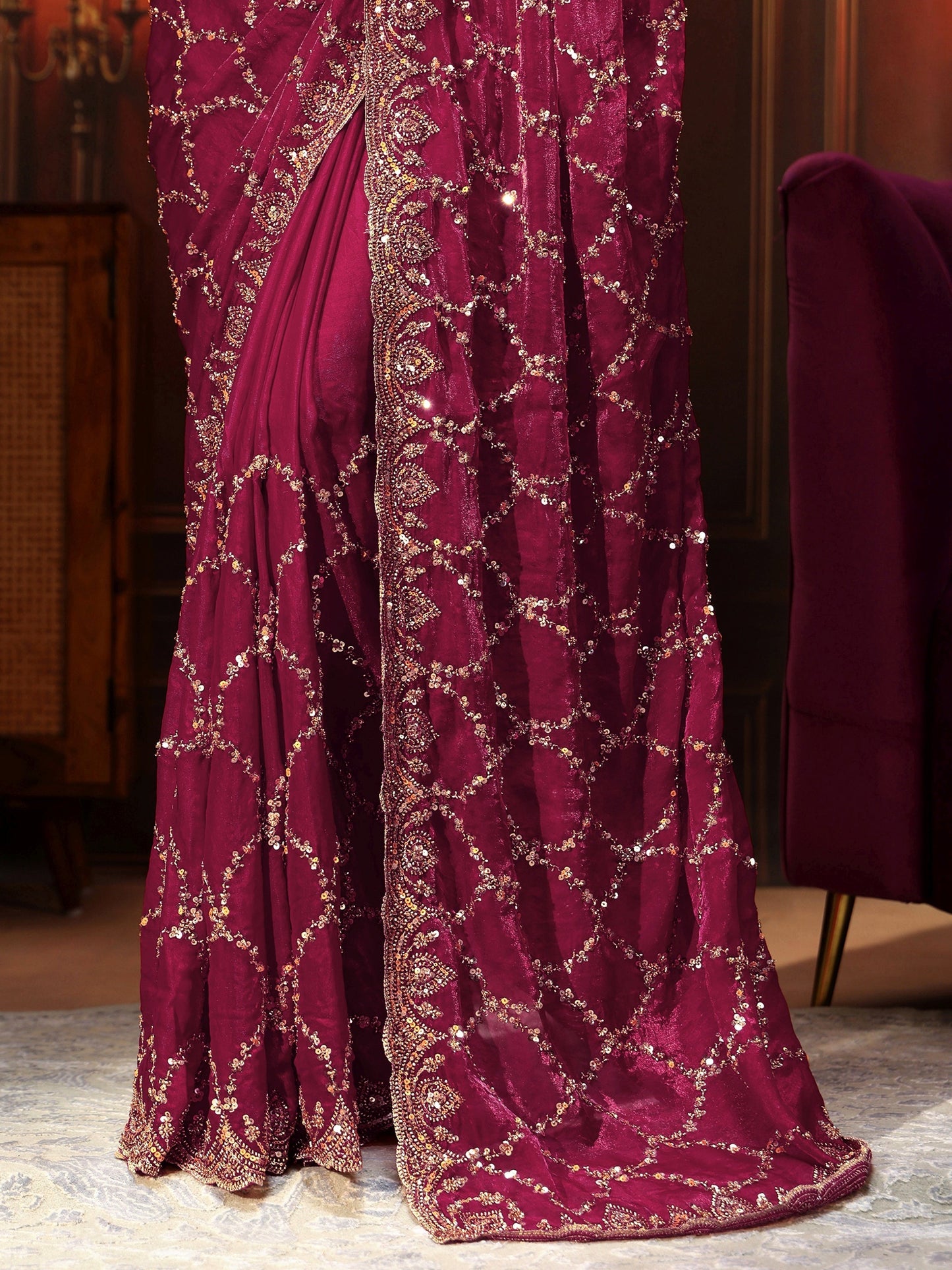 Libas Art Plum Purple Embellished Tissue Saree