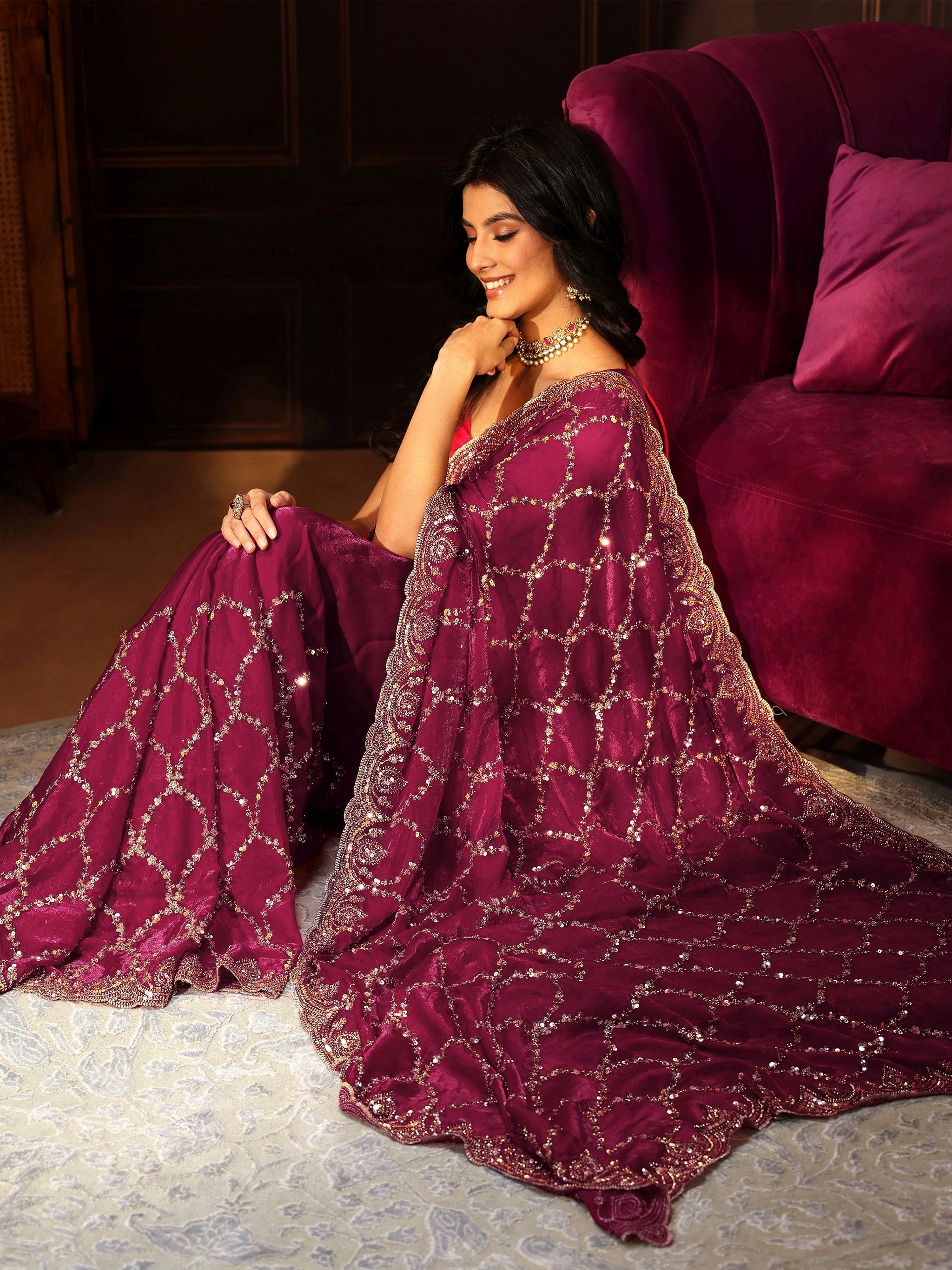 Libas Art Plum Purple Embellished Tissue Saree