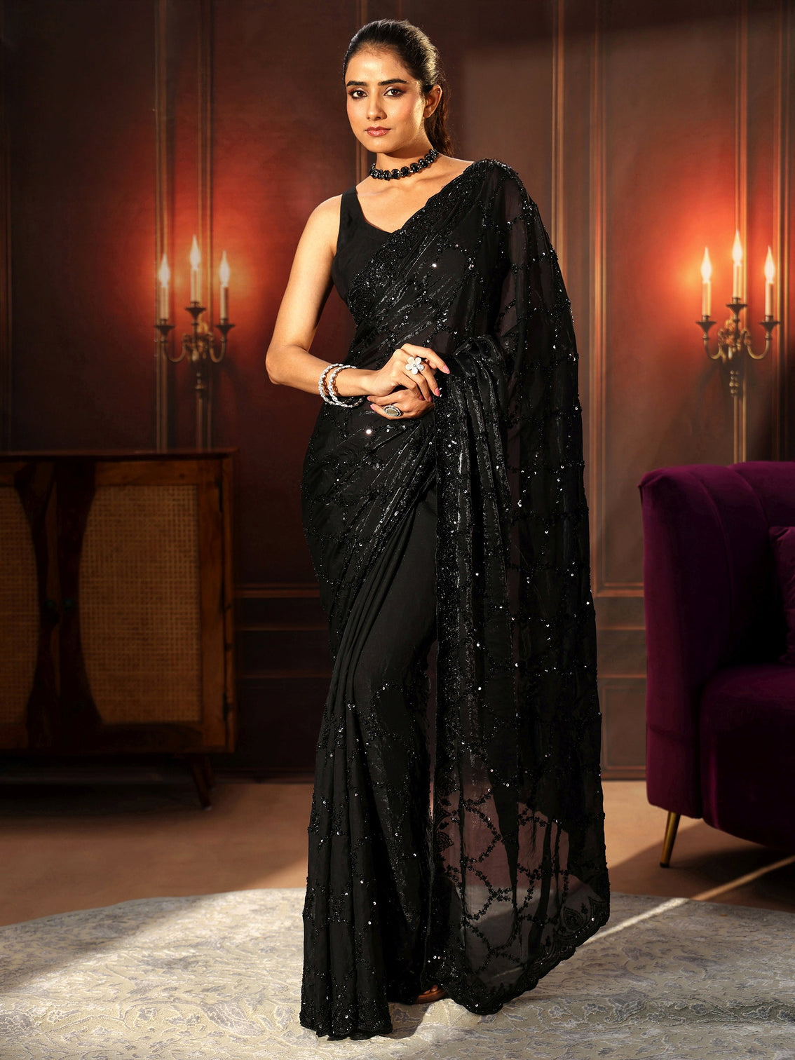 Mameraa Art Black Embellished Tissue Saree