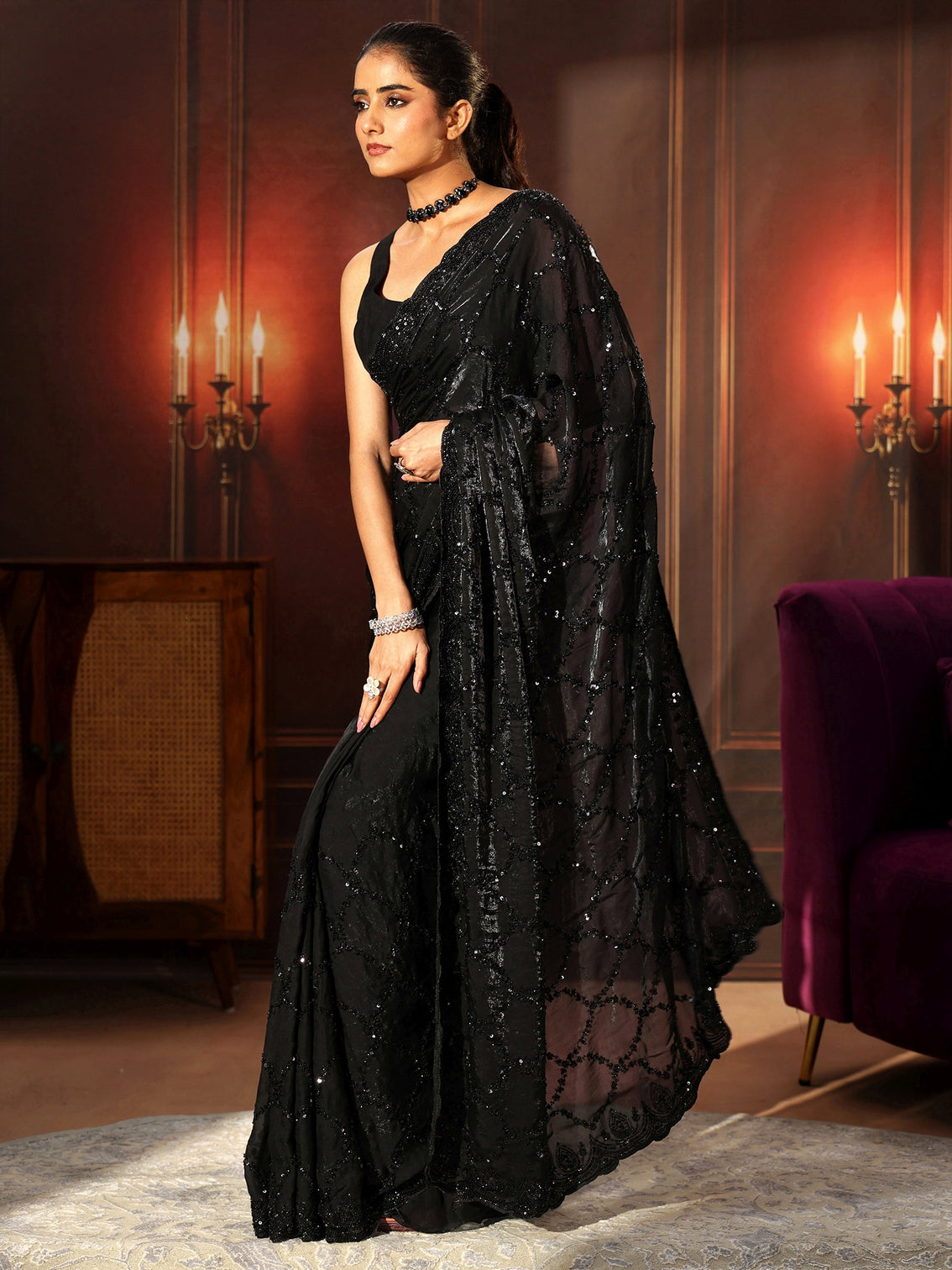 Mameraa Art Black Embellished Tissue Saree
