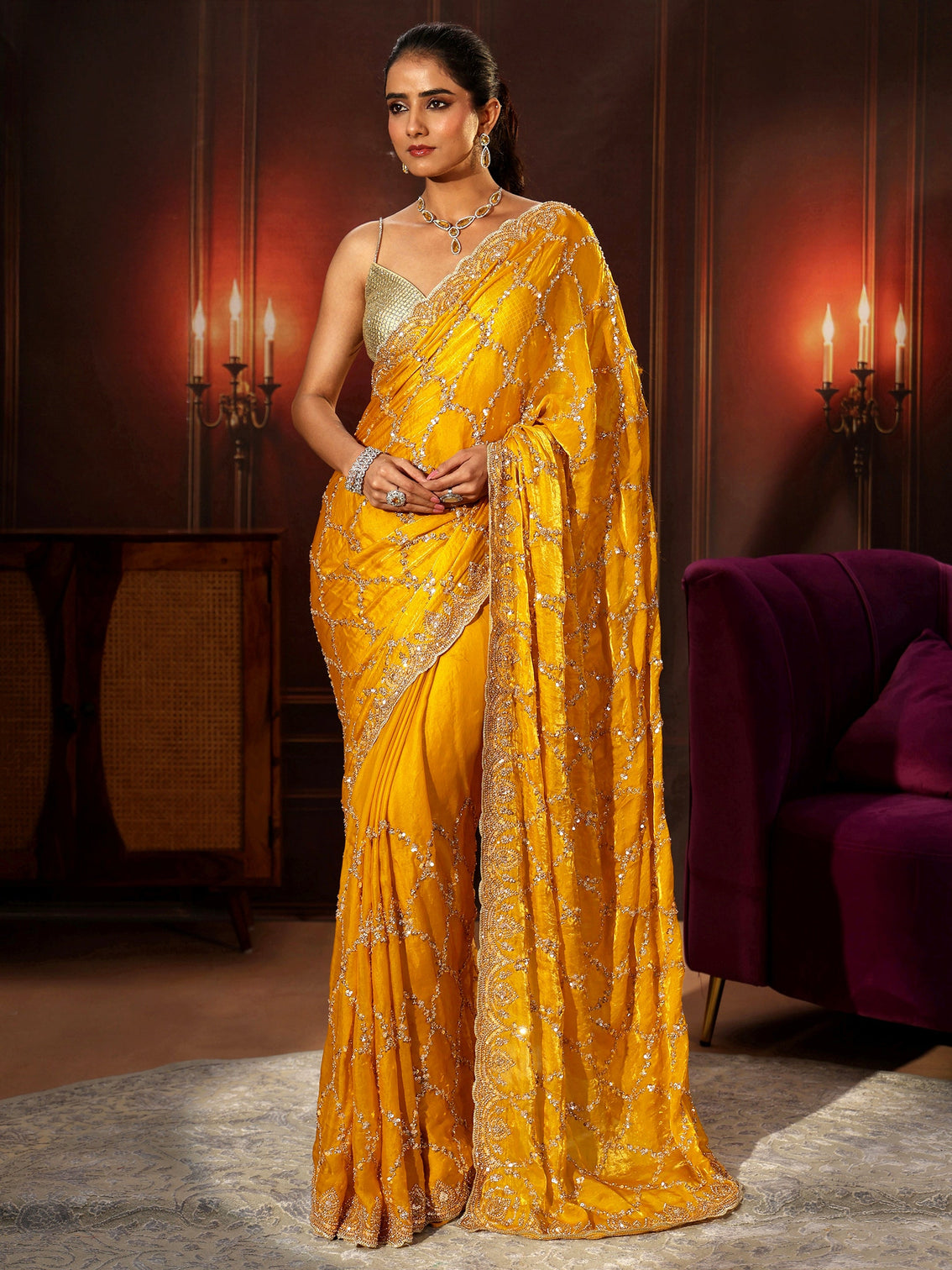 Mameraa Art Mustard Embellished Tissue Saree