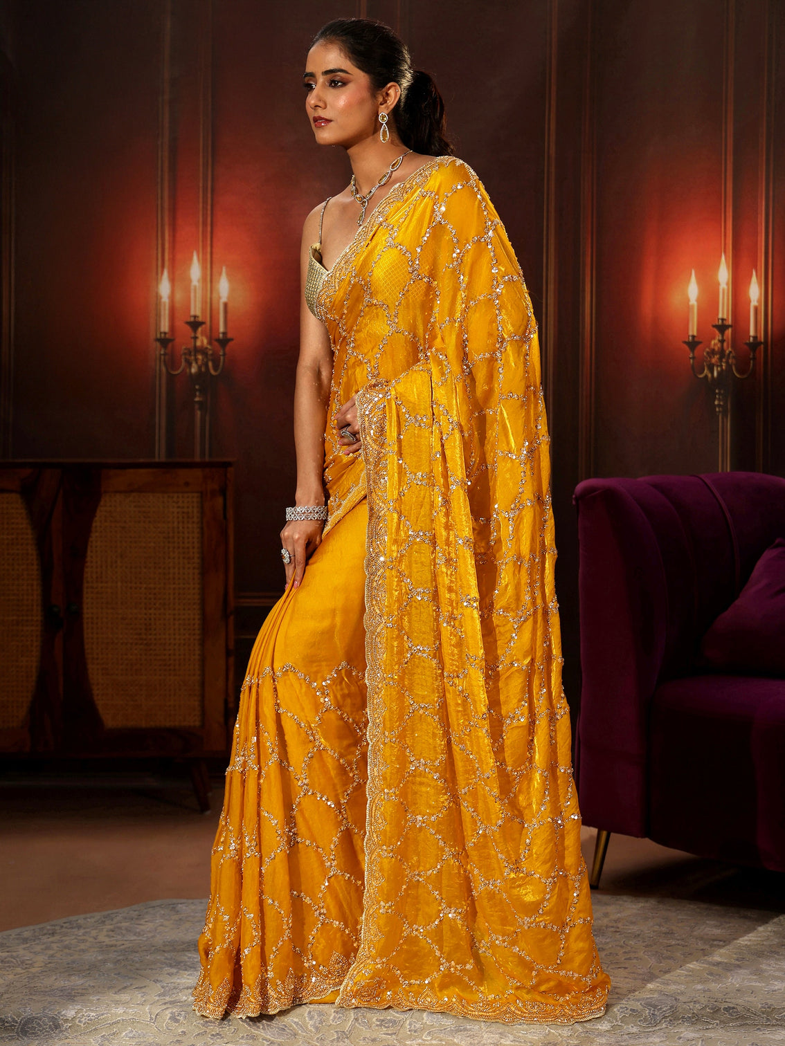 Mameraa Art Mustard Embellished Tissue Saree