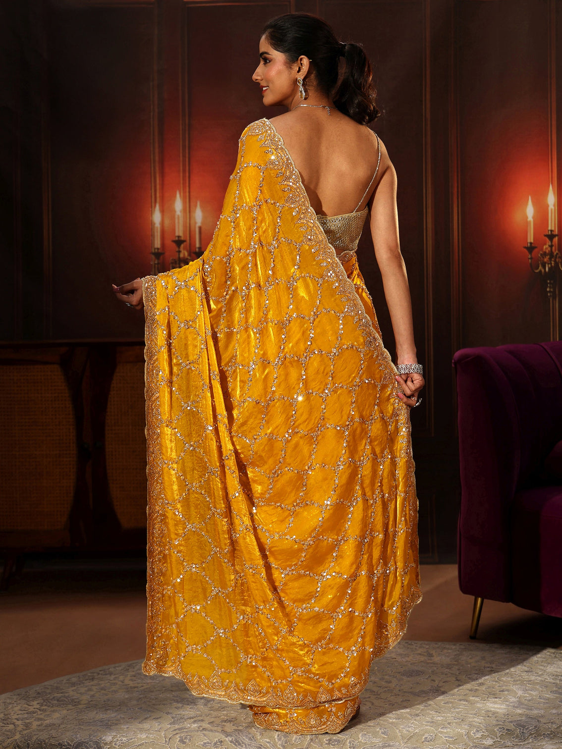 Mameraa Art Mustard Embellished Tissue Saree
