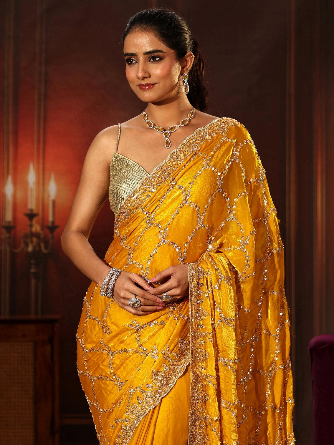 Mameraa Art Mustard Embellished Tissue Saree