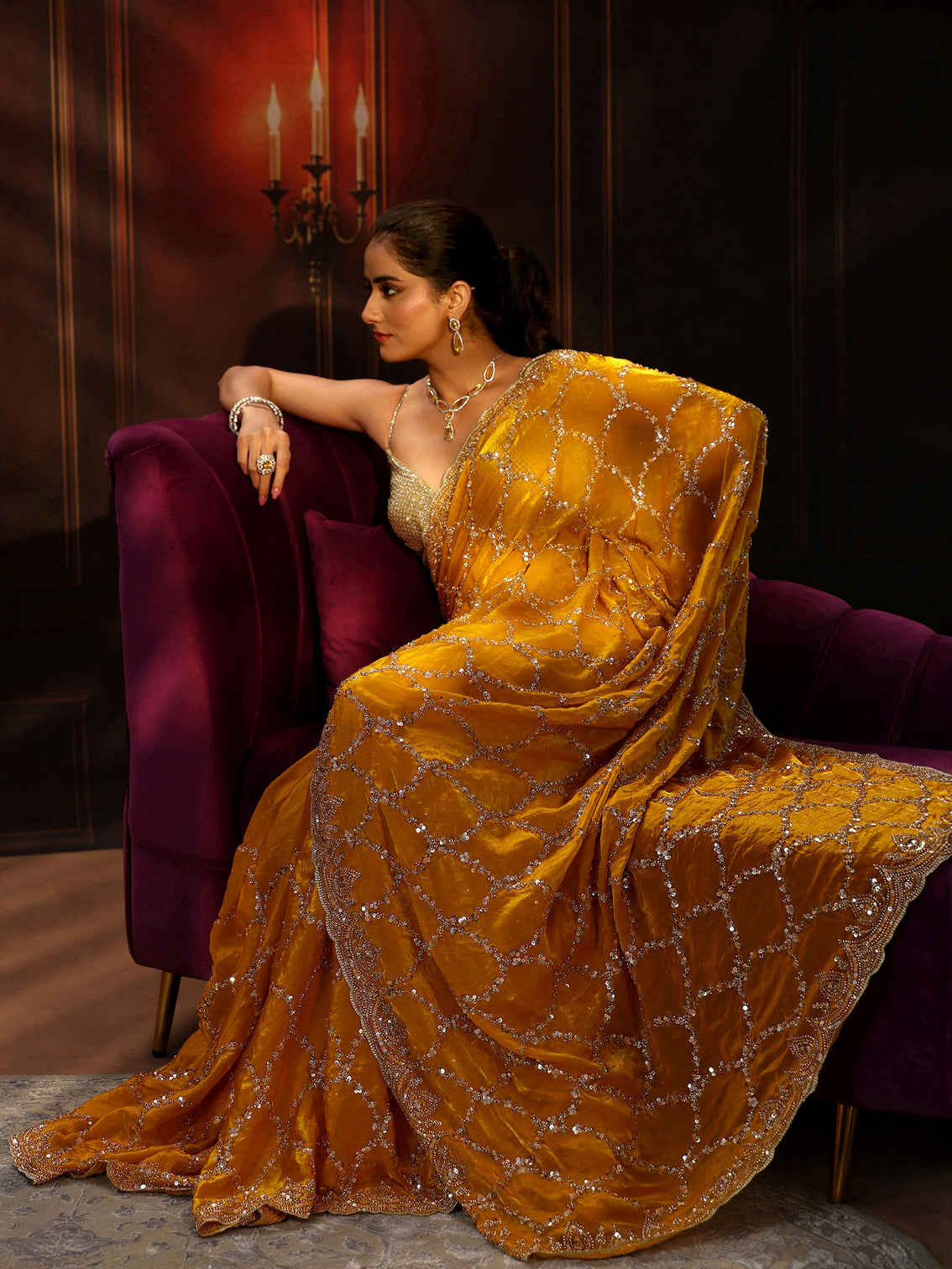 Mameraa Art Mustard Embellished Tissue Saree