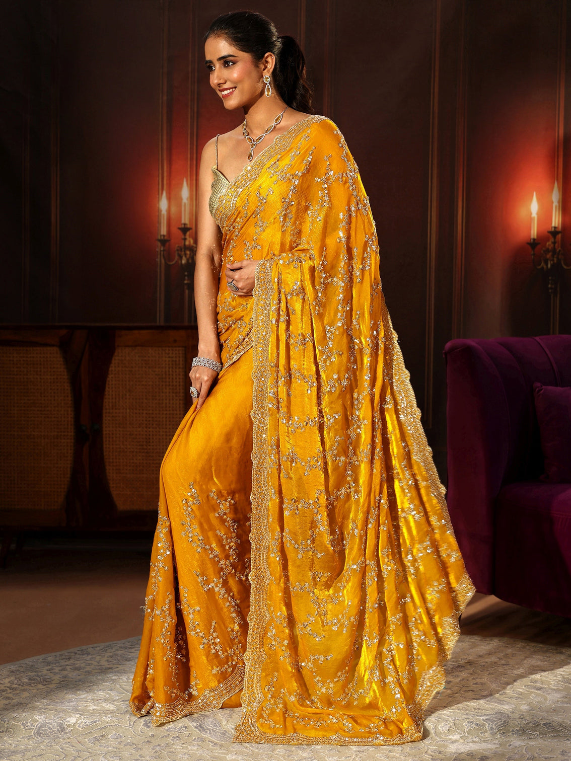 Mameraa Art Mustard Embellished Tissue Saree