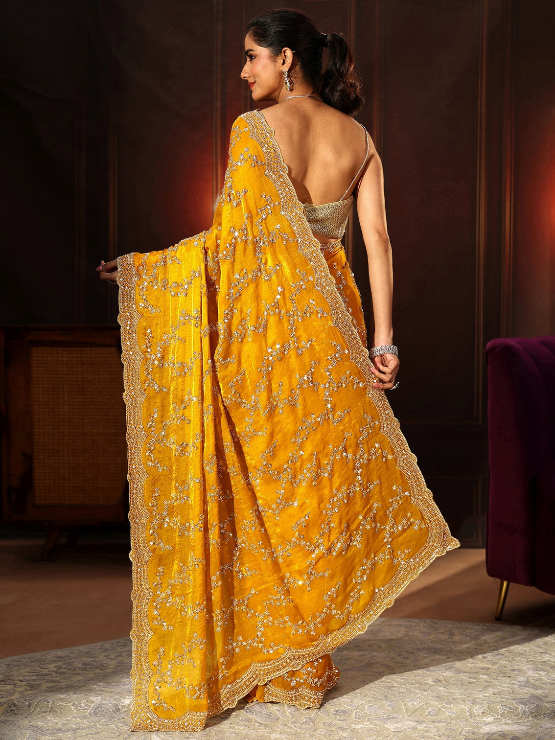 Mameraa Art Mustard Embellished Tissue Saree