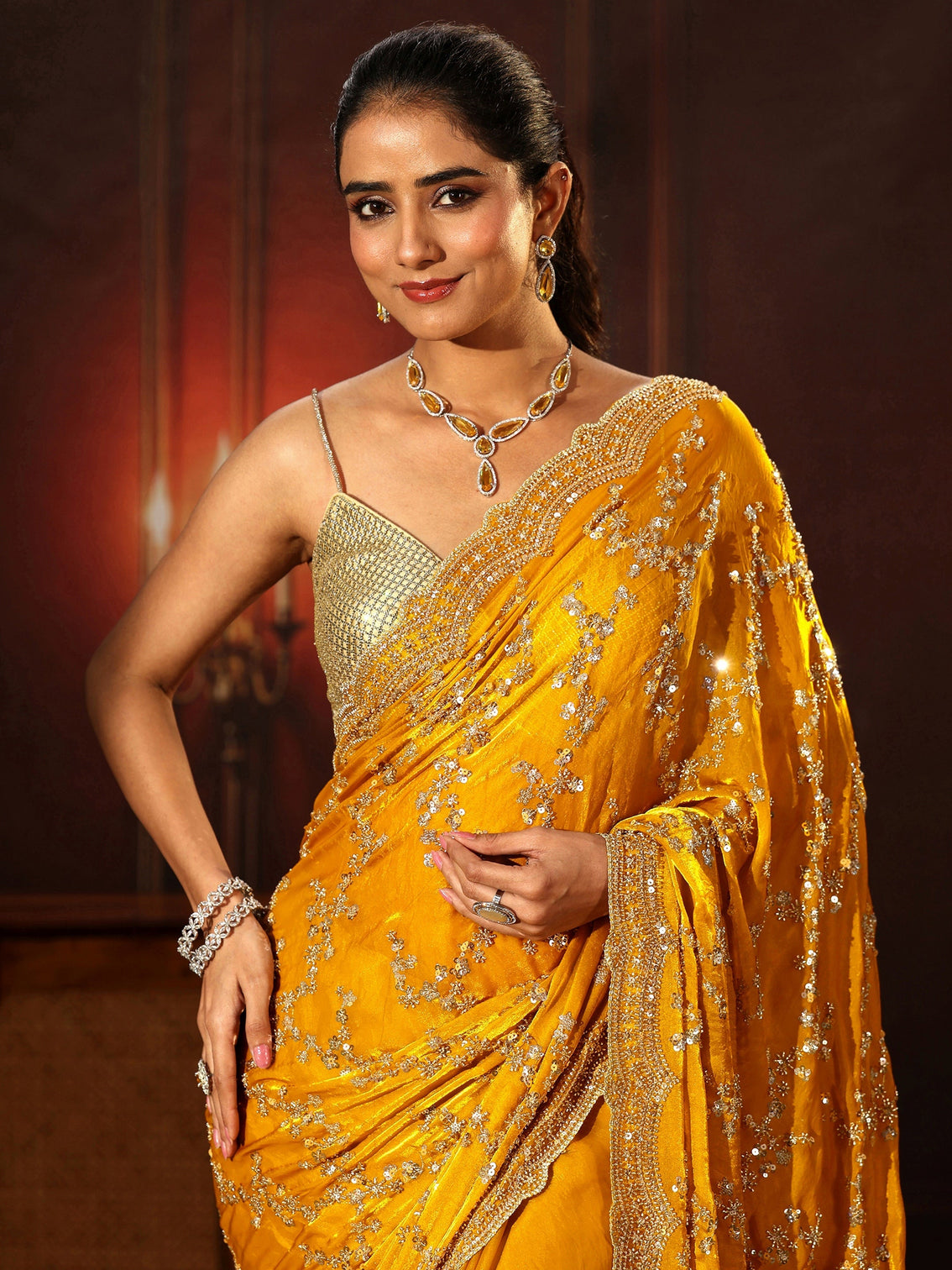 Mameraa Art Mustard Embellished Tissue Saree