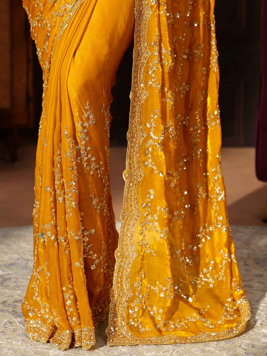 Mameraa Art Mustard Embellished Tissue Saree