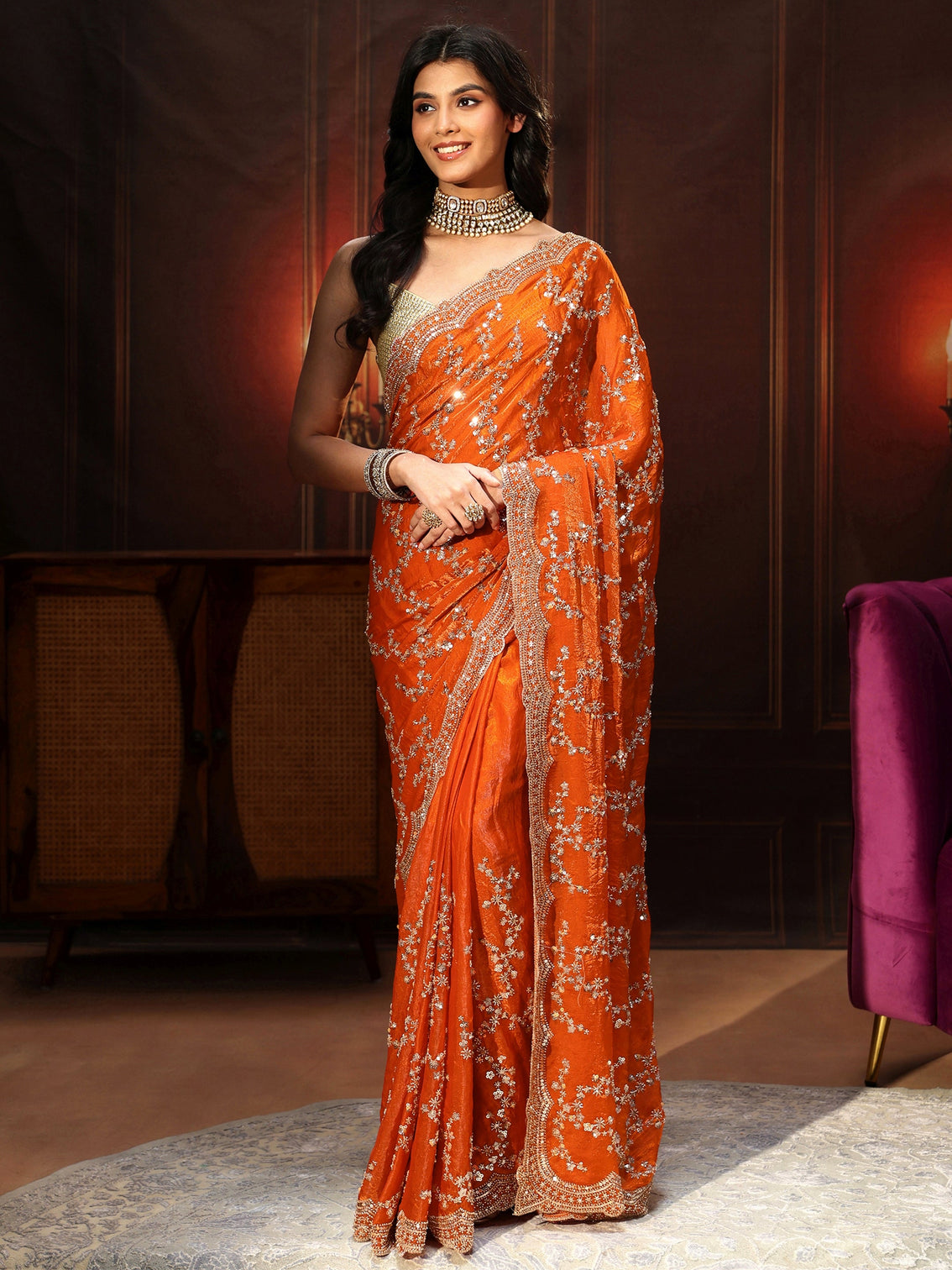 Mameraa Art Orange Embellished Tissue Saree