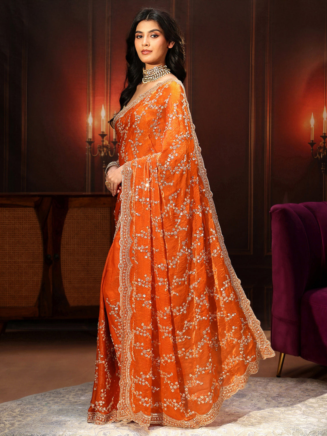 Mameraa Art Orange Embellished Tissue Saree