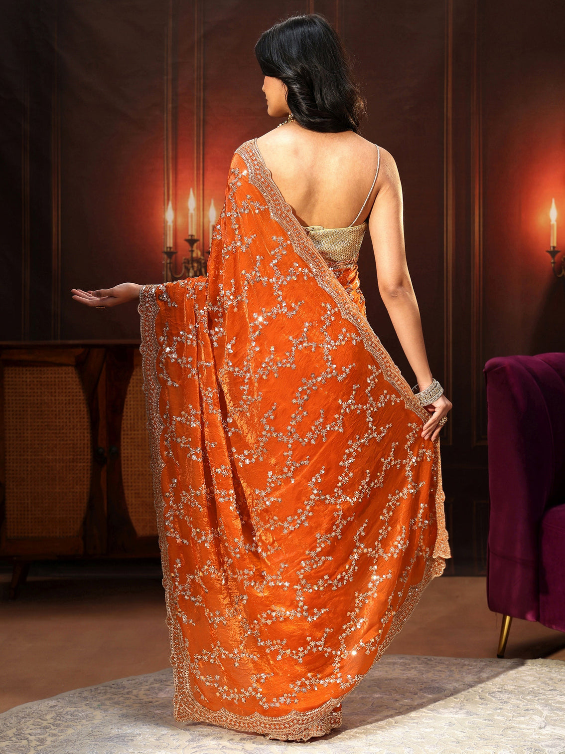Mameraa Art Orange Embellished Tissue Saree