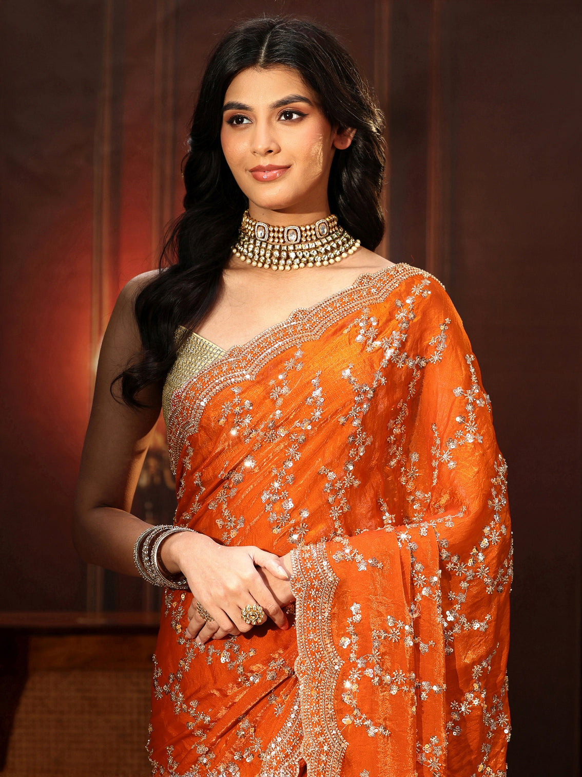 Mameraa Art Orange Embellished Tissue Saree