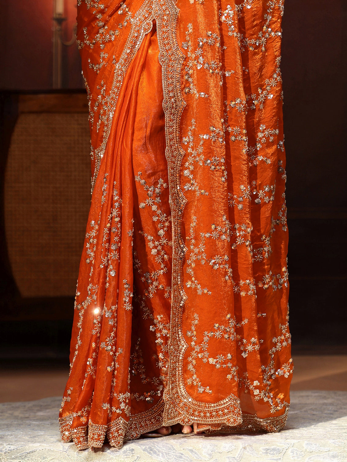 Mameraa Art Orange Embellished Tissue Saree