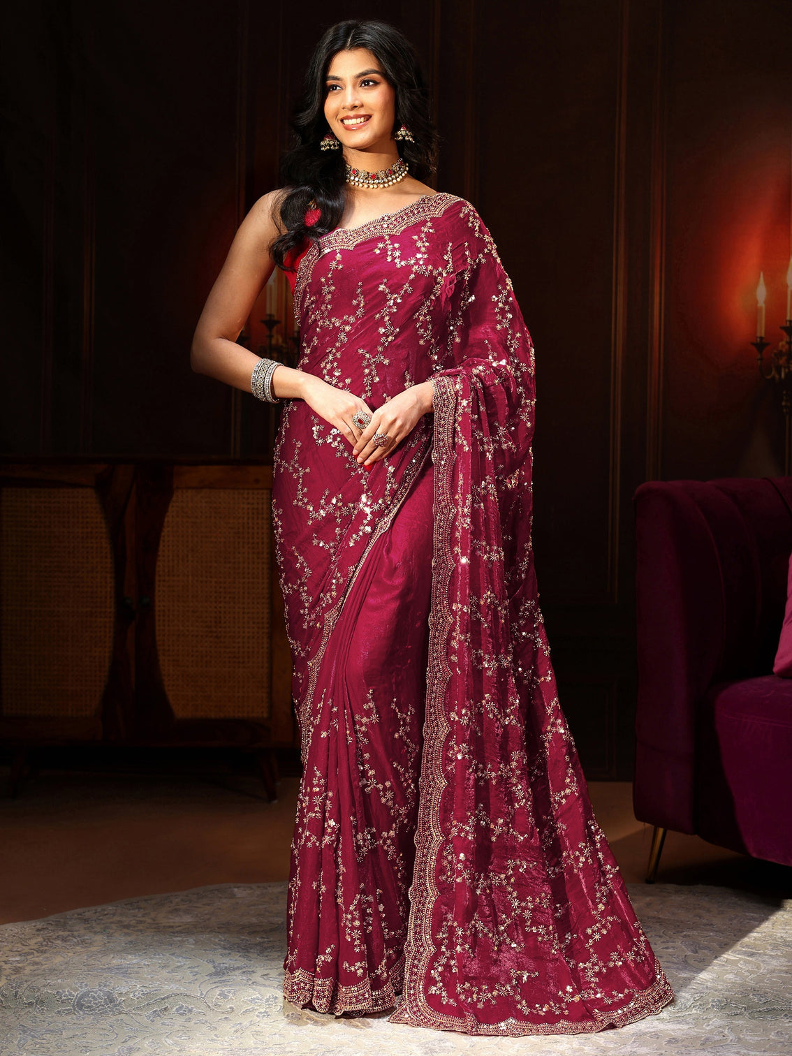 Mameraa Art Magenta Pink Embellished Tissue Saree