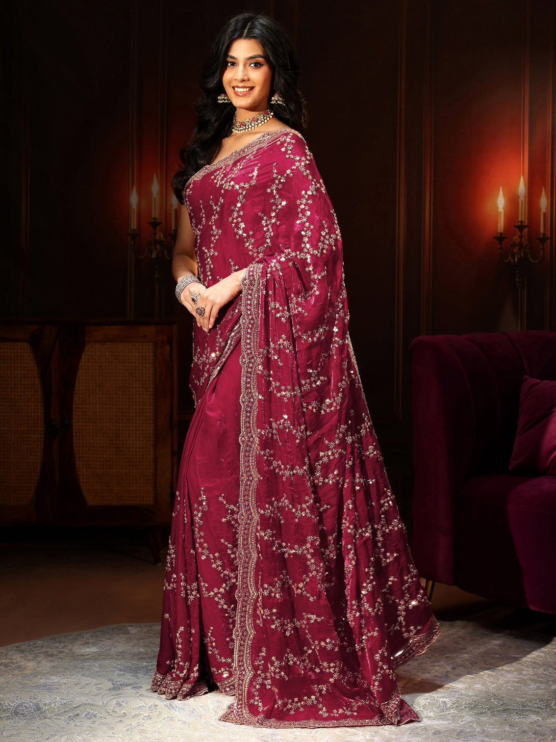 Mameraa Art Magenta Pink Embellished Tissue Saree
