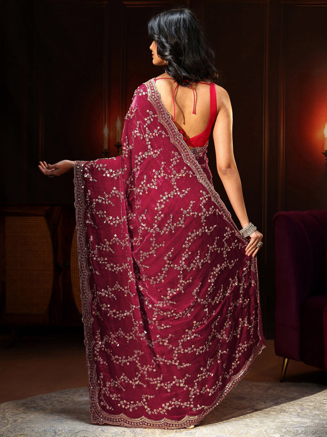 Mameraa Art Magenta Pink Embellished Tissue Saree