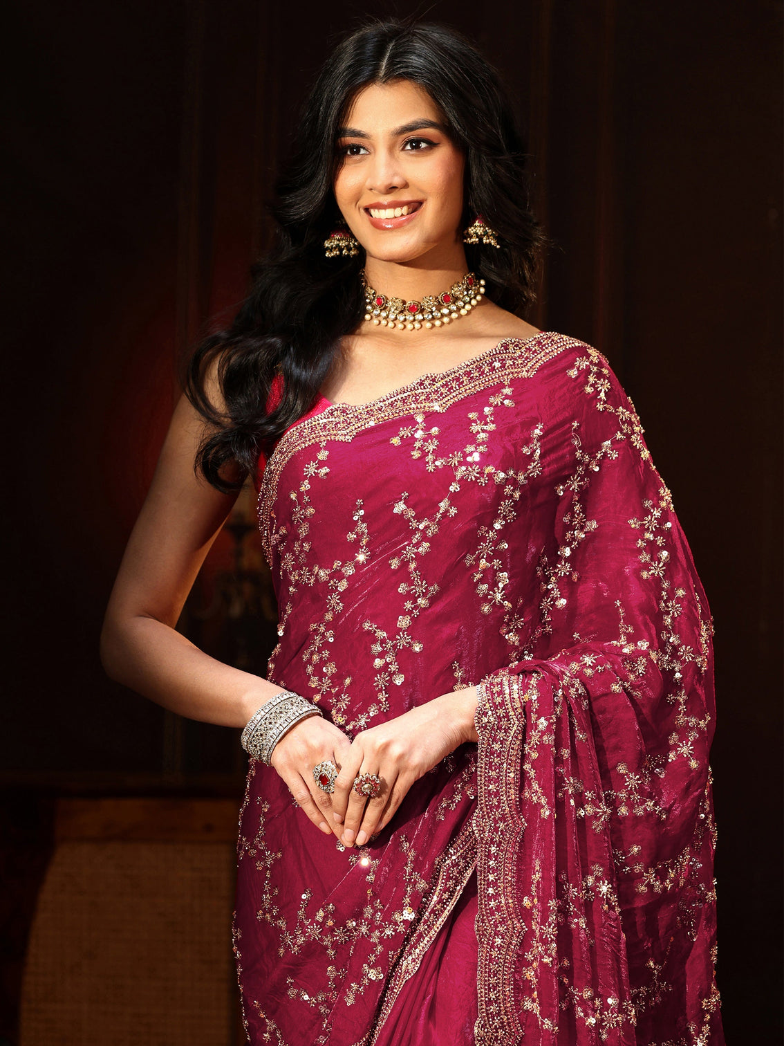 Mameraa Art Magenta Pink Embellished Tissue Saree