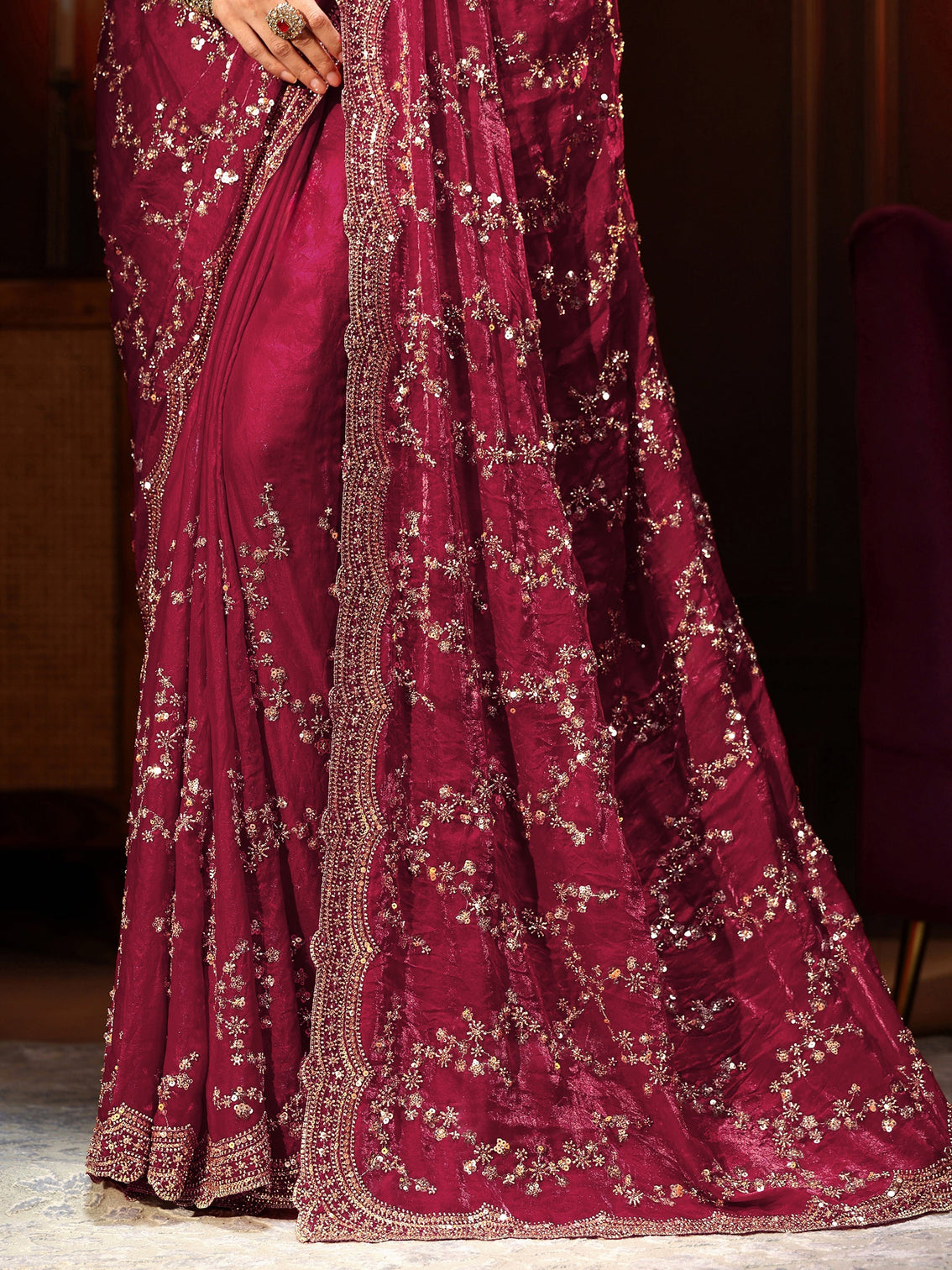 Mameraa Art Magenta Pink Embellished Tissue Saree