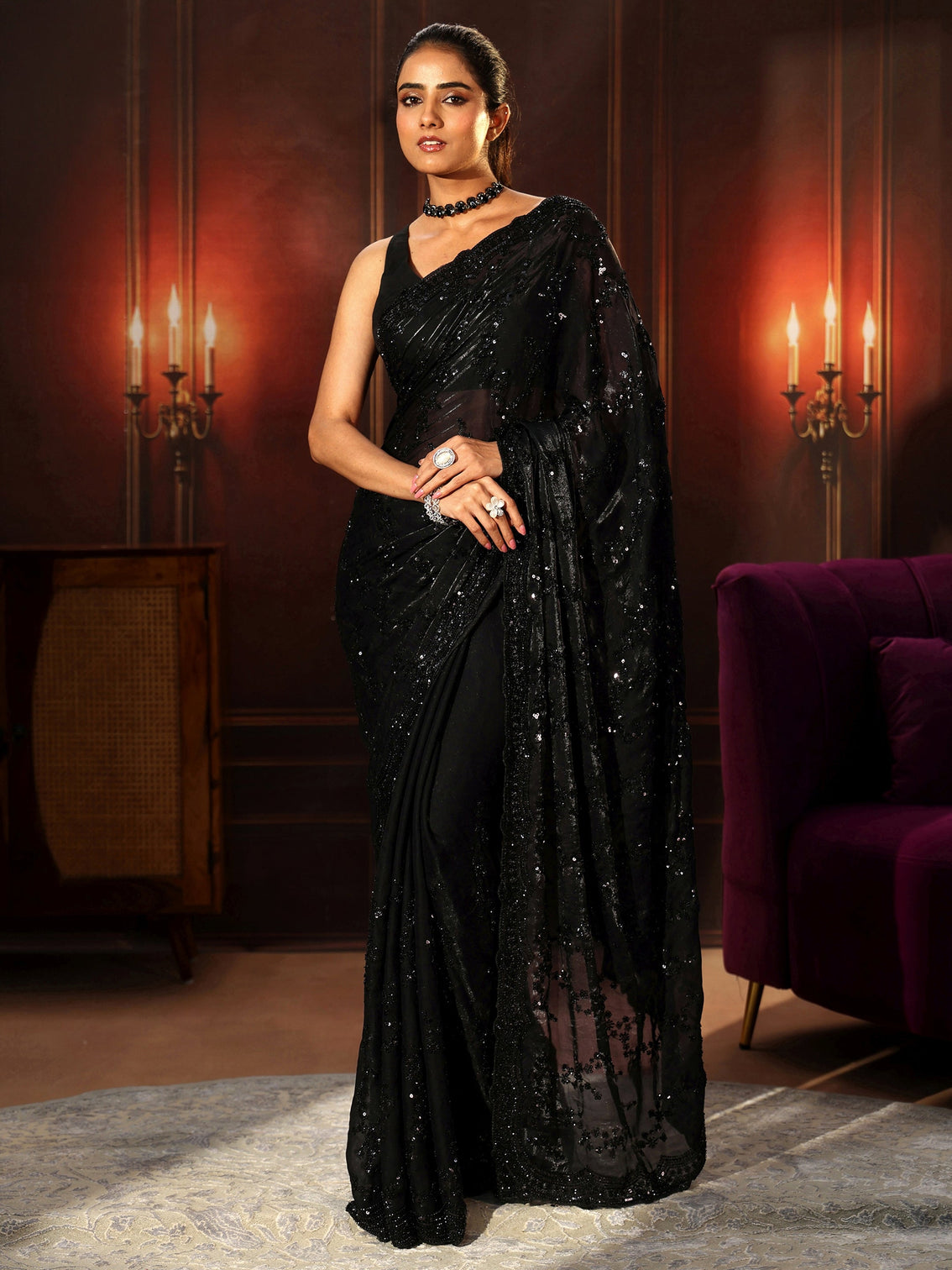 Mameraa Art Black Embellished Tissue Saree