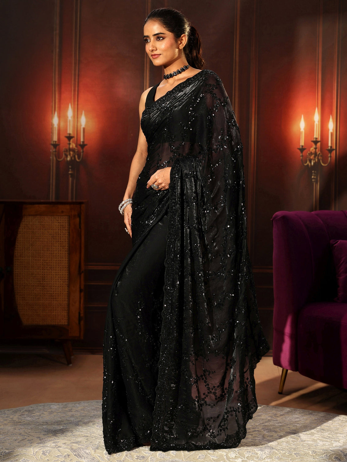 Mameraa Art Black Embellished Tissue Saree