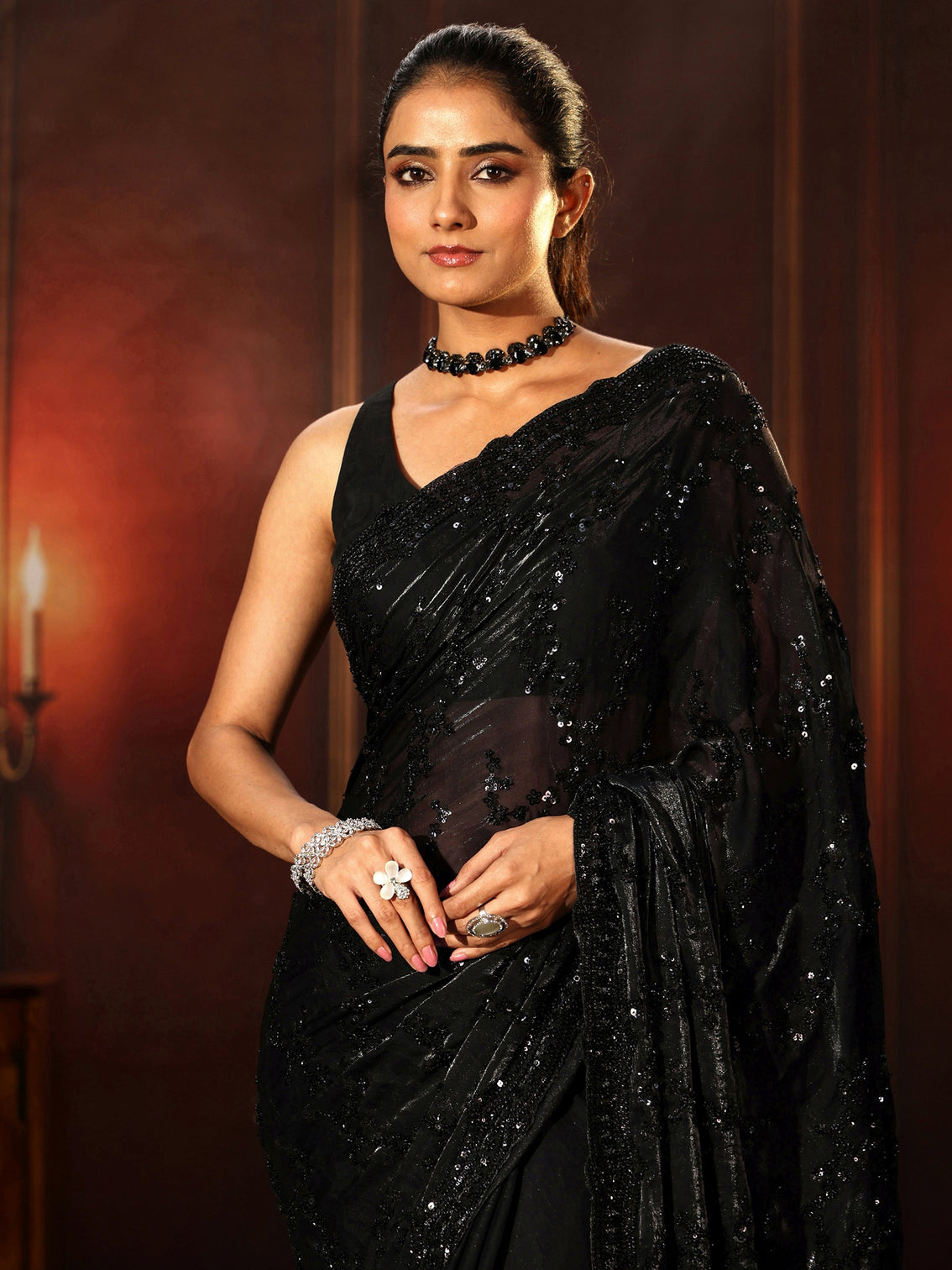 Mameraa Art Black Embellished Tissue Saree