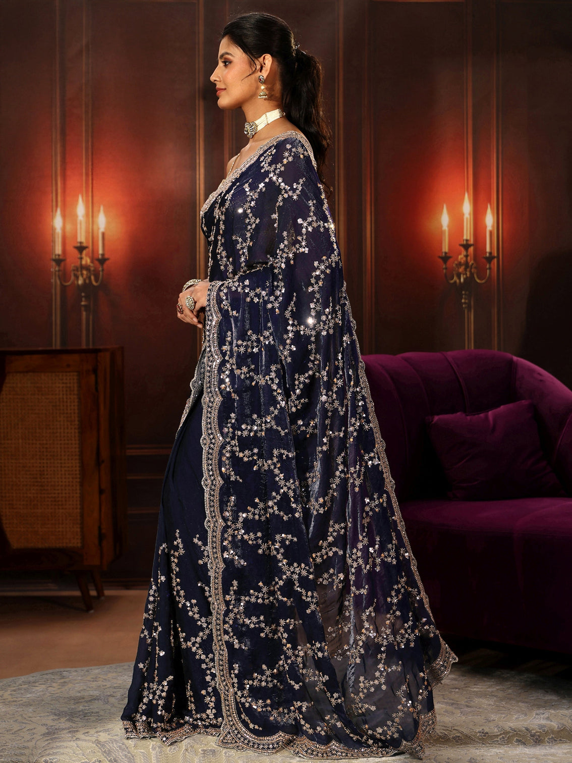 Mameraa Art Midnight Blue Embellished Tissue Saree