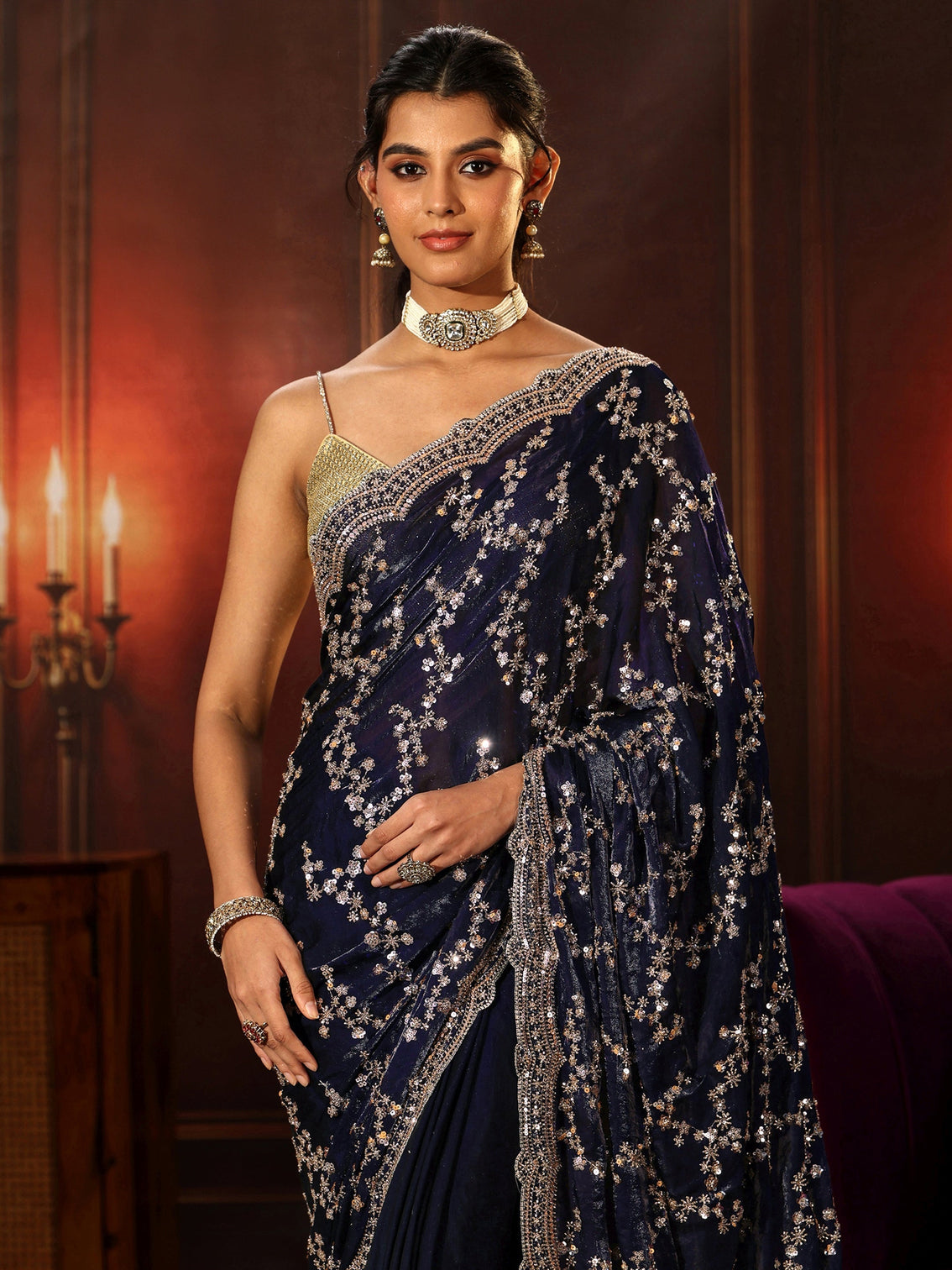 Mameraa Art Midnight Blue Embellished Tissue Saree
