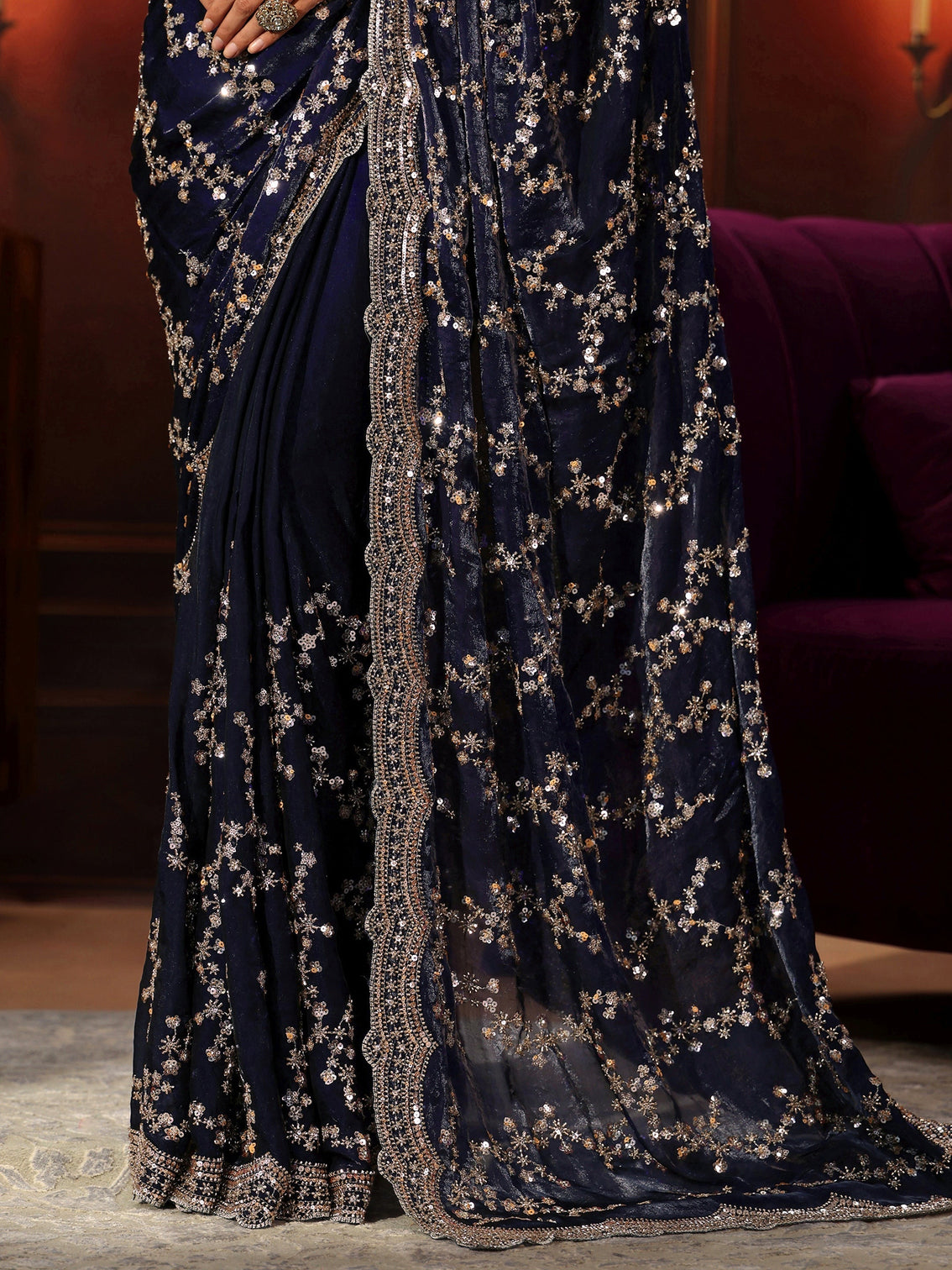 Mameraa Art Midnight Blue Embellished Tissue Saree