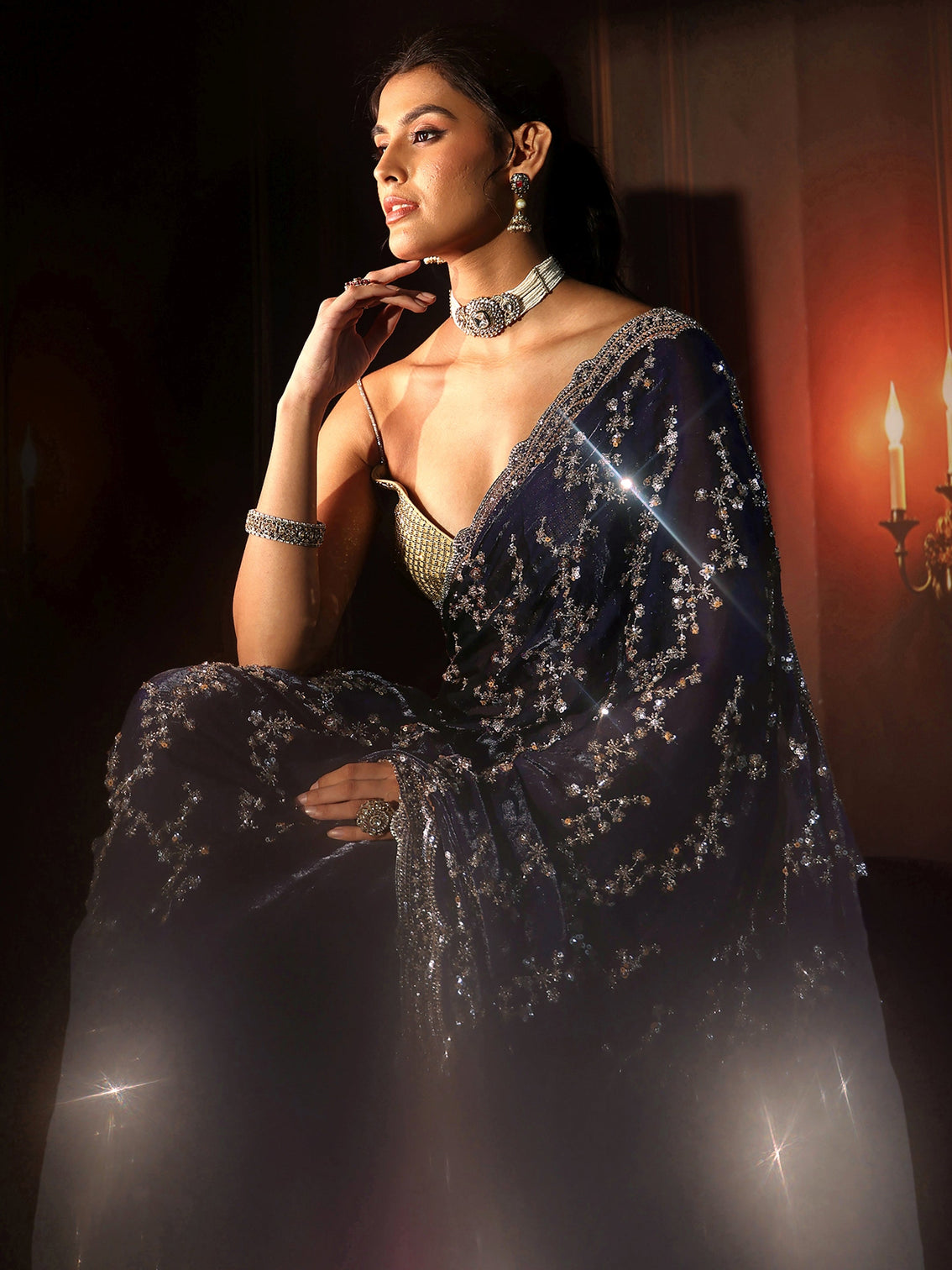 Mameraa Art Midnight Blue Embellished Tissue Saree