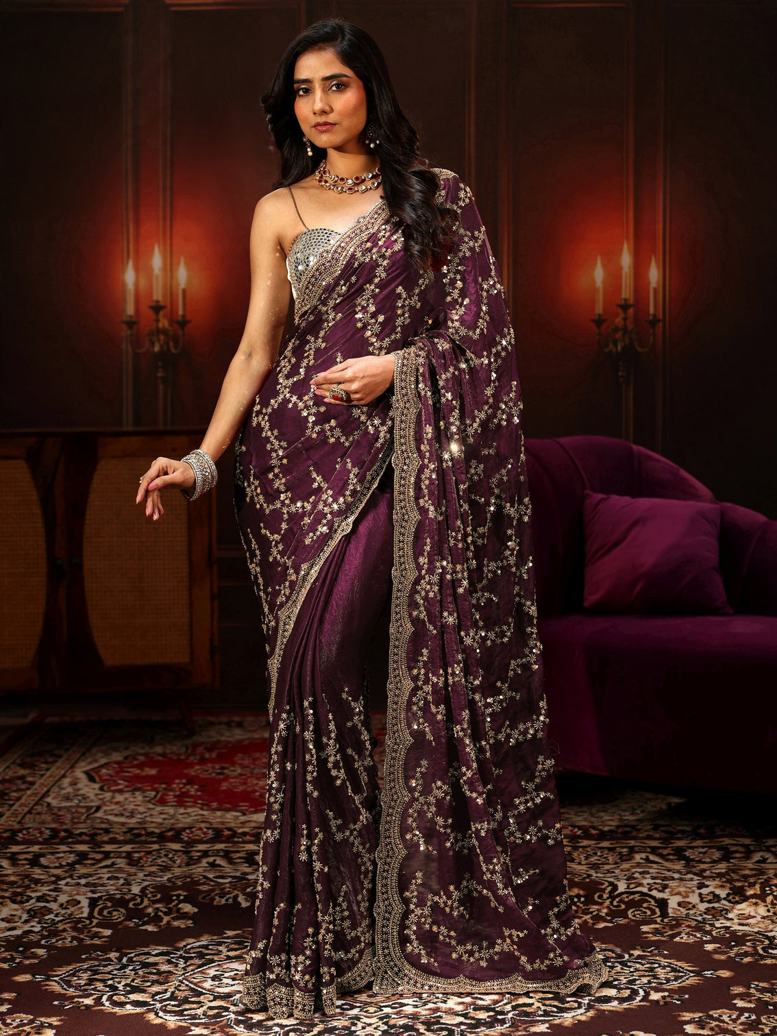Mameraa Art Burgundy Embellished Tissue Saree