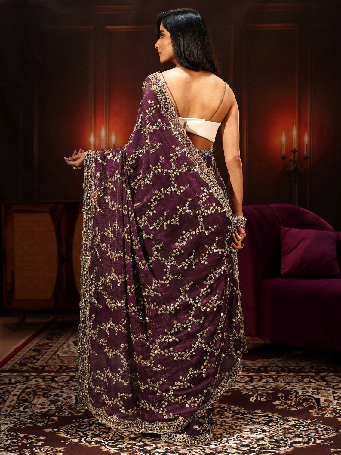 Mameraa Art Burgundy Embellished Tissue Saree