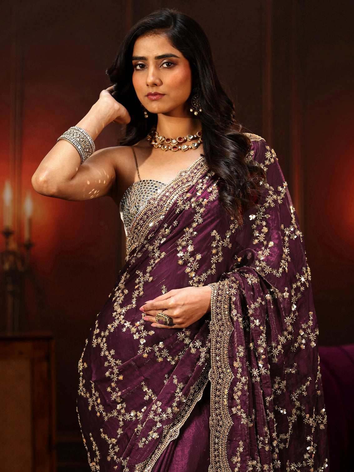 Mameraa Art Burgundy Embellished Tissue Saree
