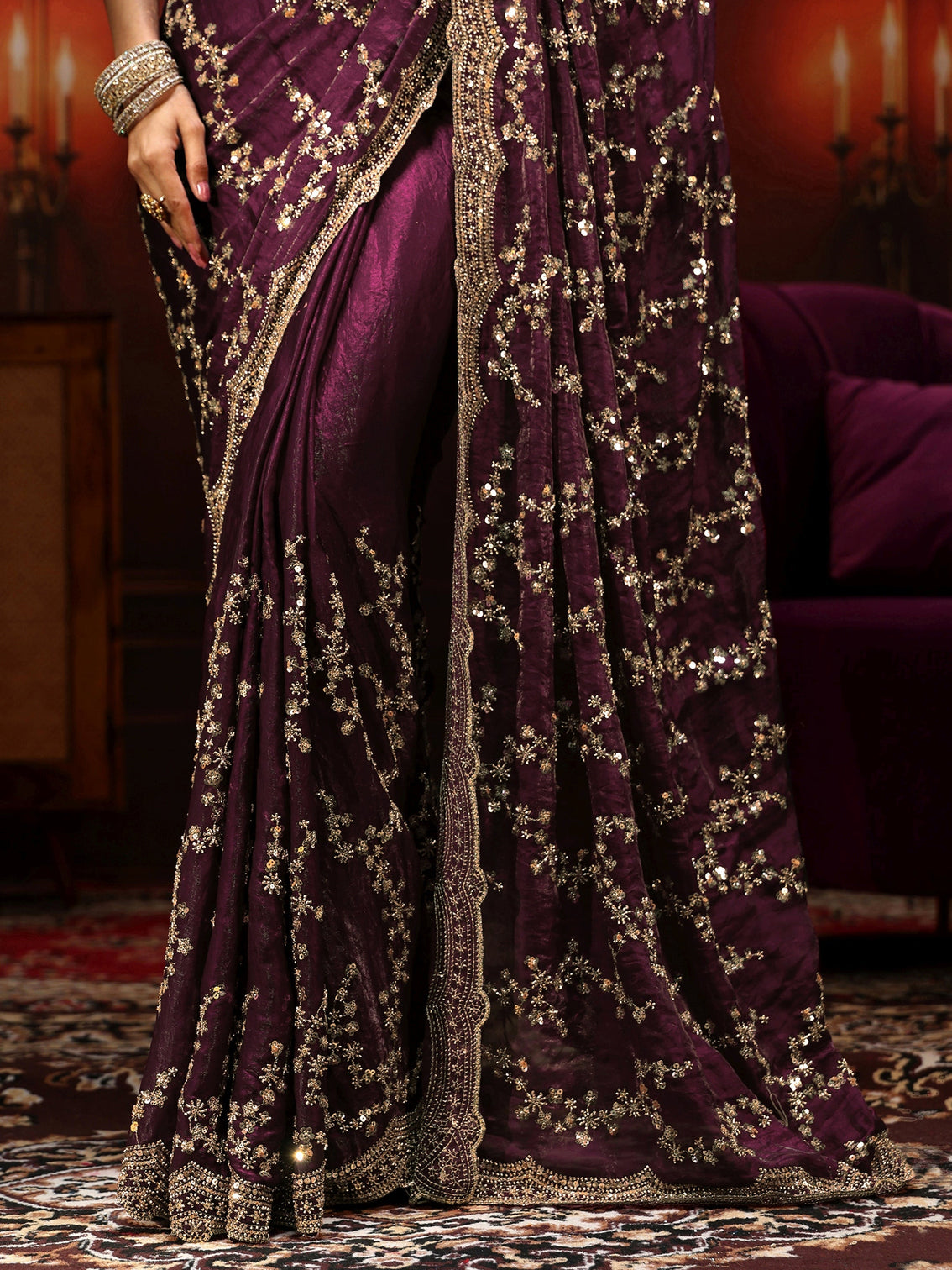 Mameraa Art Burgundy Embellished Tissue Saree