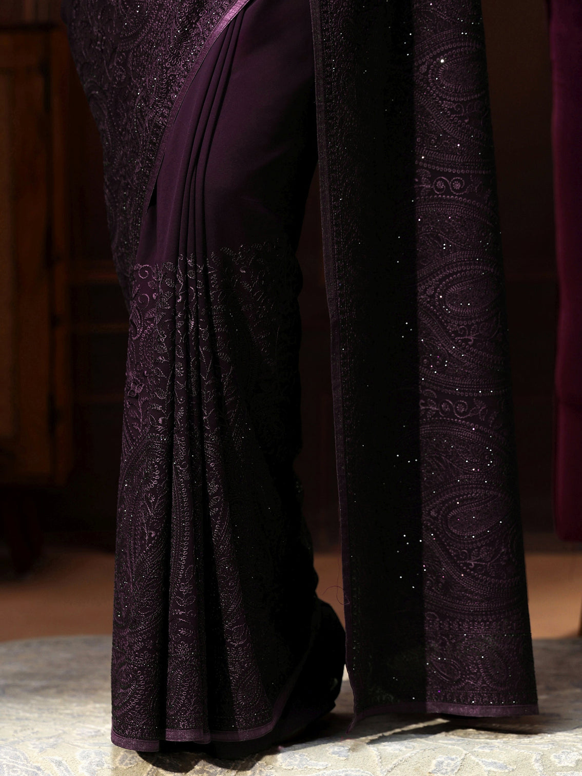 Mameraa Art Aubergine Purple Paisley Embroidered Georgette Saree